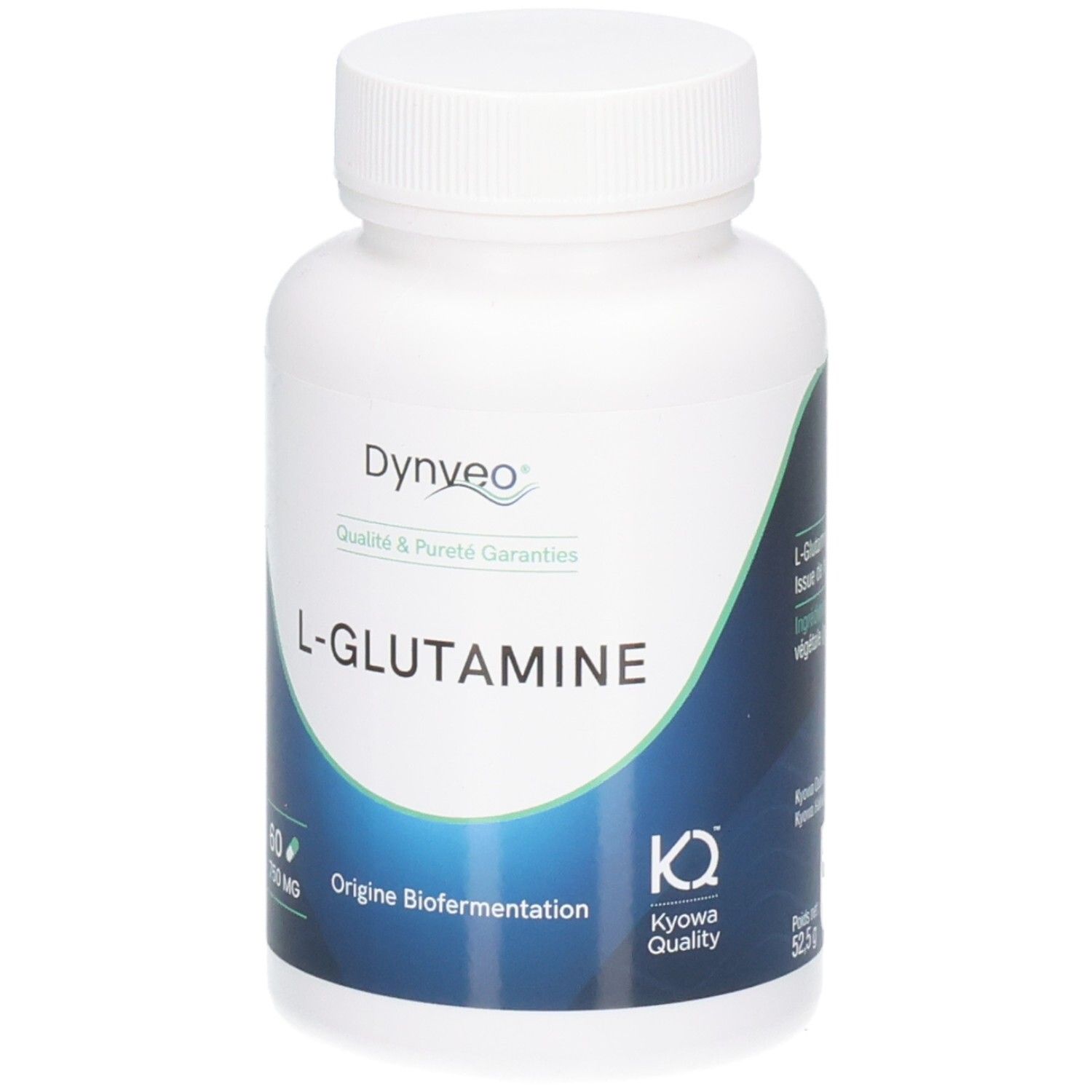 Weiße Flasche mit Kapseln. Aufschrift: Dynveo, L-Glutamine. Kyowa Quality Logo.
