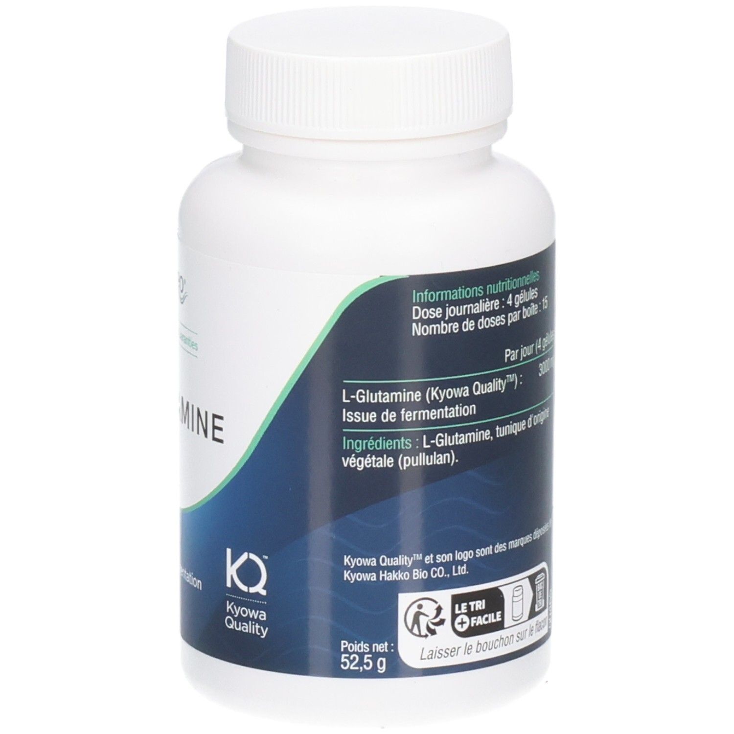 Rückseite der weißen Flasche. Text: L-Glutamine, Inhaltsstoffe, Kyowa Quality, 52,5 g.