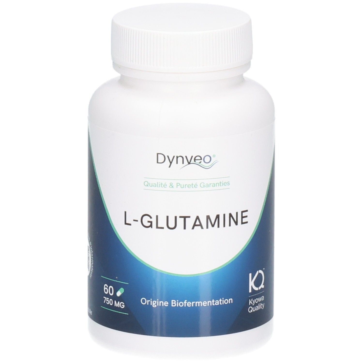 Weiße Flasche mit Kapseln. Aufschrift: Dynveo, L-Glutamine, 60 Kapseln, 750 mg. Kyowa Quality.
