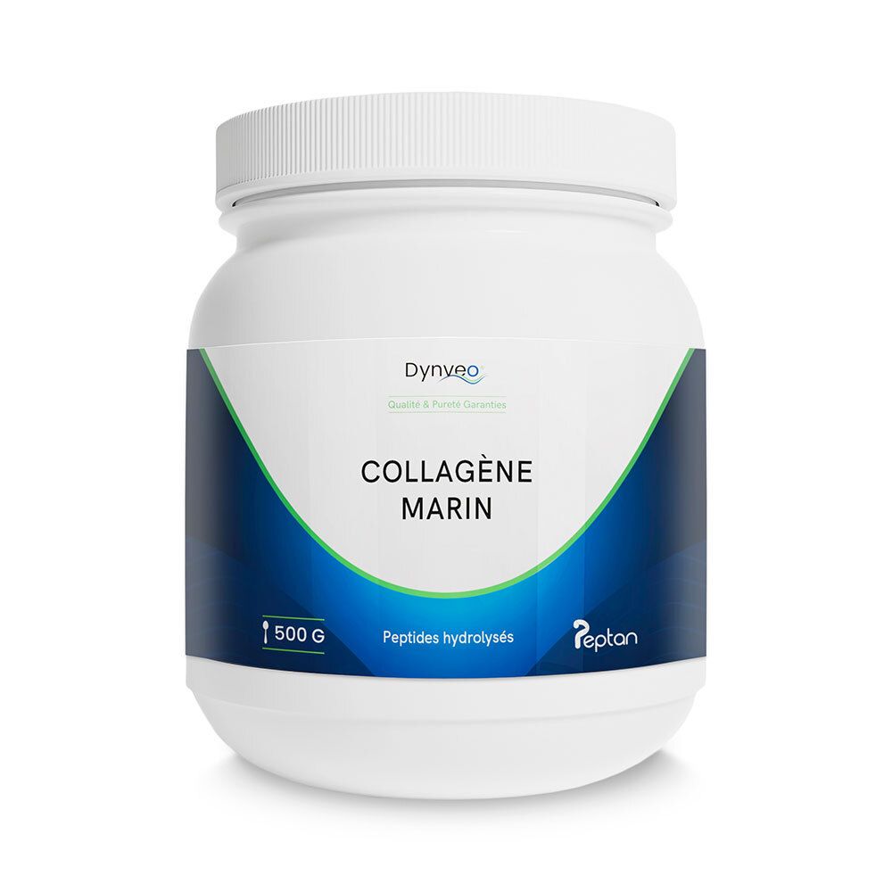 Weißes Pulver in Dose. Aufschrift: COLLAGÈNE MARIN, 500 G, Peptides hydrolysés. Marke: Dynveo.