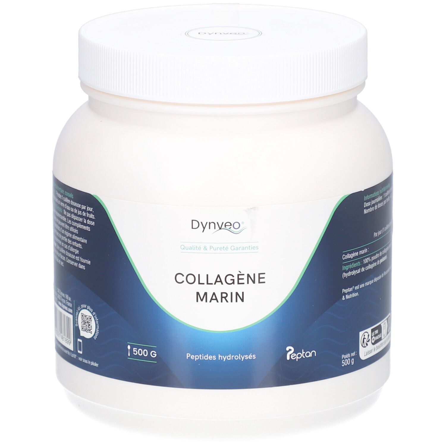 Weißes Pulver in Dose. Aufschrift: COLLAGÈNE MARIN, 500 G, Peptides hydrolysés. Marke: Dynveo. Mit QR-Code.
