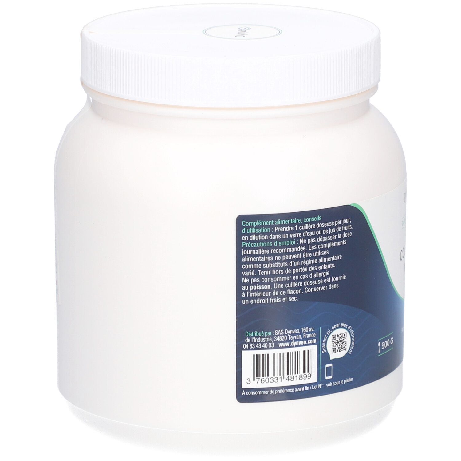 Rückseite der Dose mit weißem Pulver. Text: complément alimentaire, 500 G. QR-Code und Barcode.