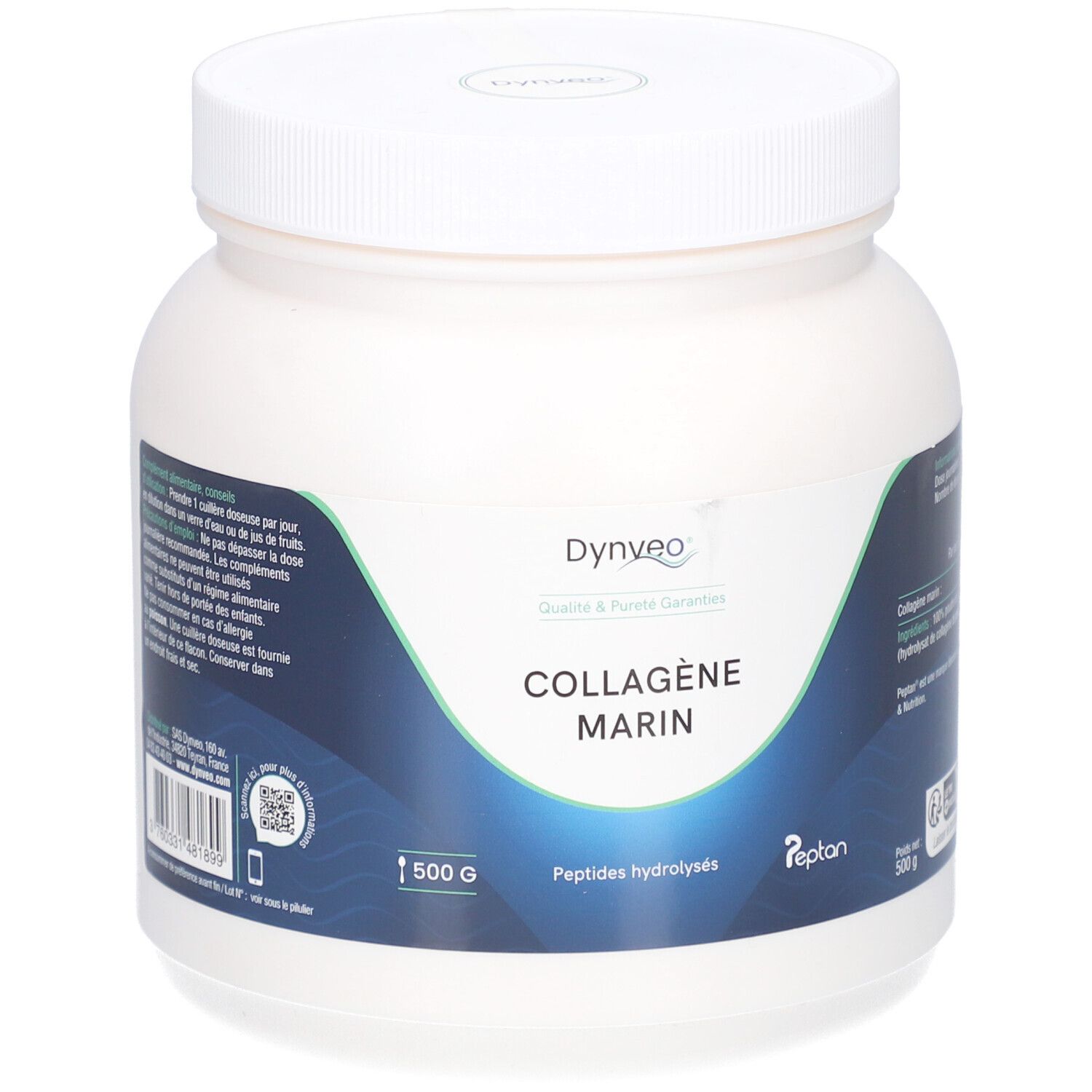 Weißes Pulver in Dose. Aufschrift: COLLAGÈNE MARIN, 500 G, Peptides hydrolysés. Marke: Dynveo. Mit QR-Code.