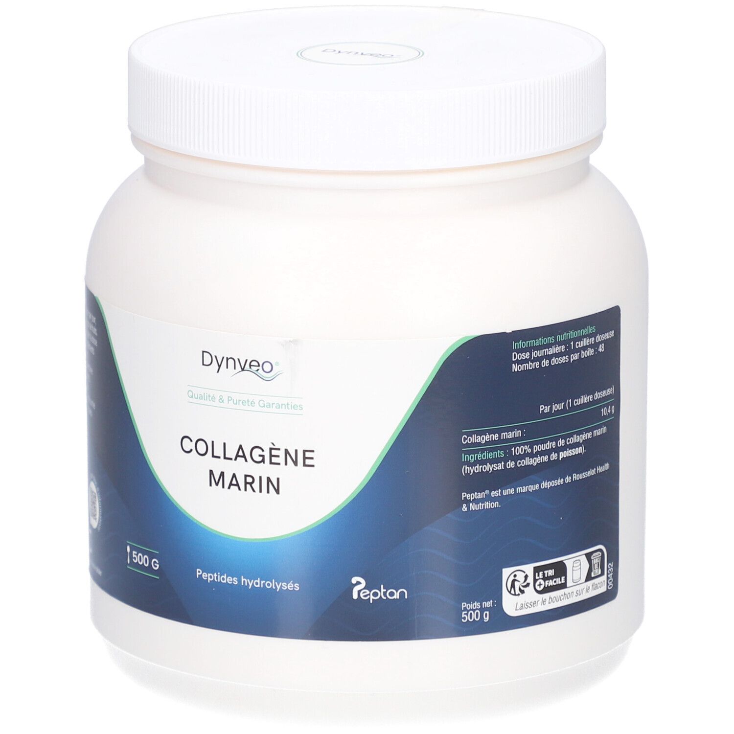 Weißes Pulver in Dose. Aufschrift: COLLAGÈNE MARIN, 500 G, Peptides hydrolysés. Marke: Dynveo. Mit Nährwertangaben.