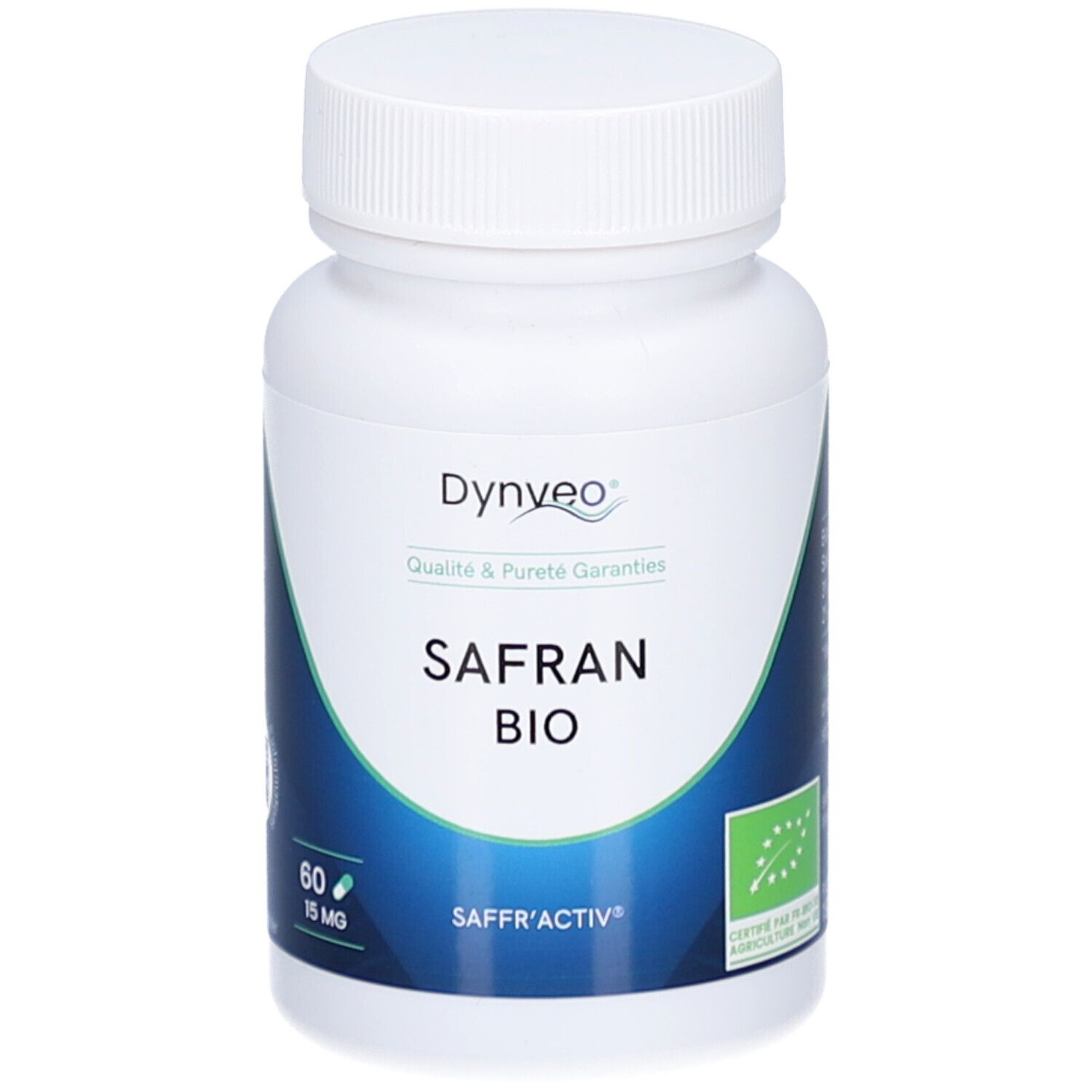 Weiße Flasche mit Kapseln. Aufschrift: Dynveo, Safran Bio, 60 Kapseln, 15 mg. Bio-Siegel.