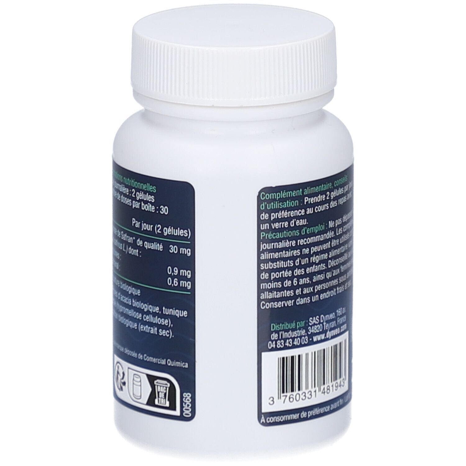 Rückseite der weißen Flasche. Aufschrift: Safran Bio, Inhaltsstoffe, Dosierung. Herstellerinformationen.