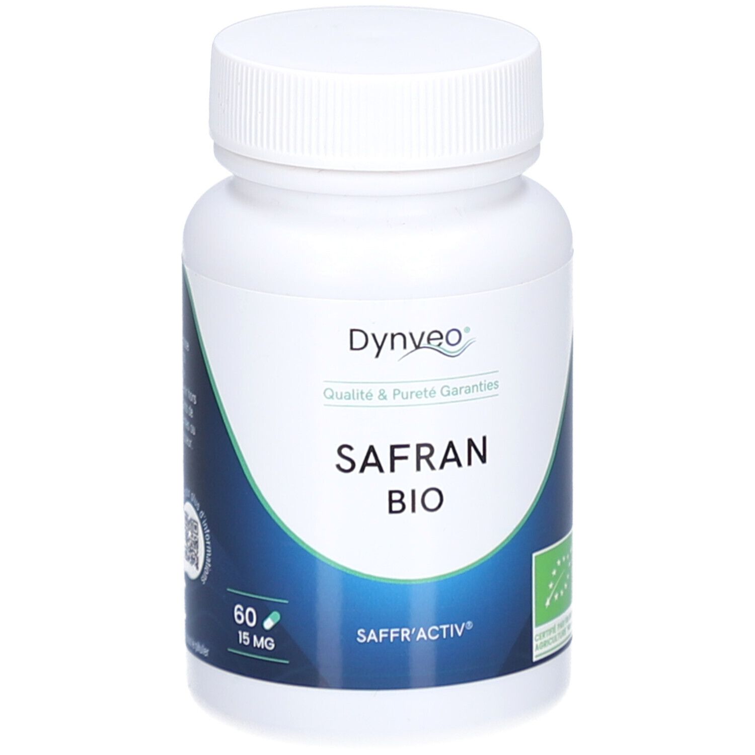 Weiße Flasche mit Kapseln. Aufschrift: Dynveo, Safran Bio, 60 Kapseln, 15 mg. Bio-Siegel.