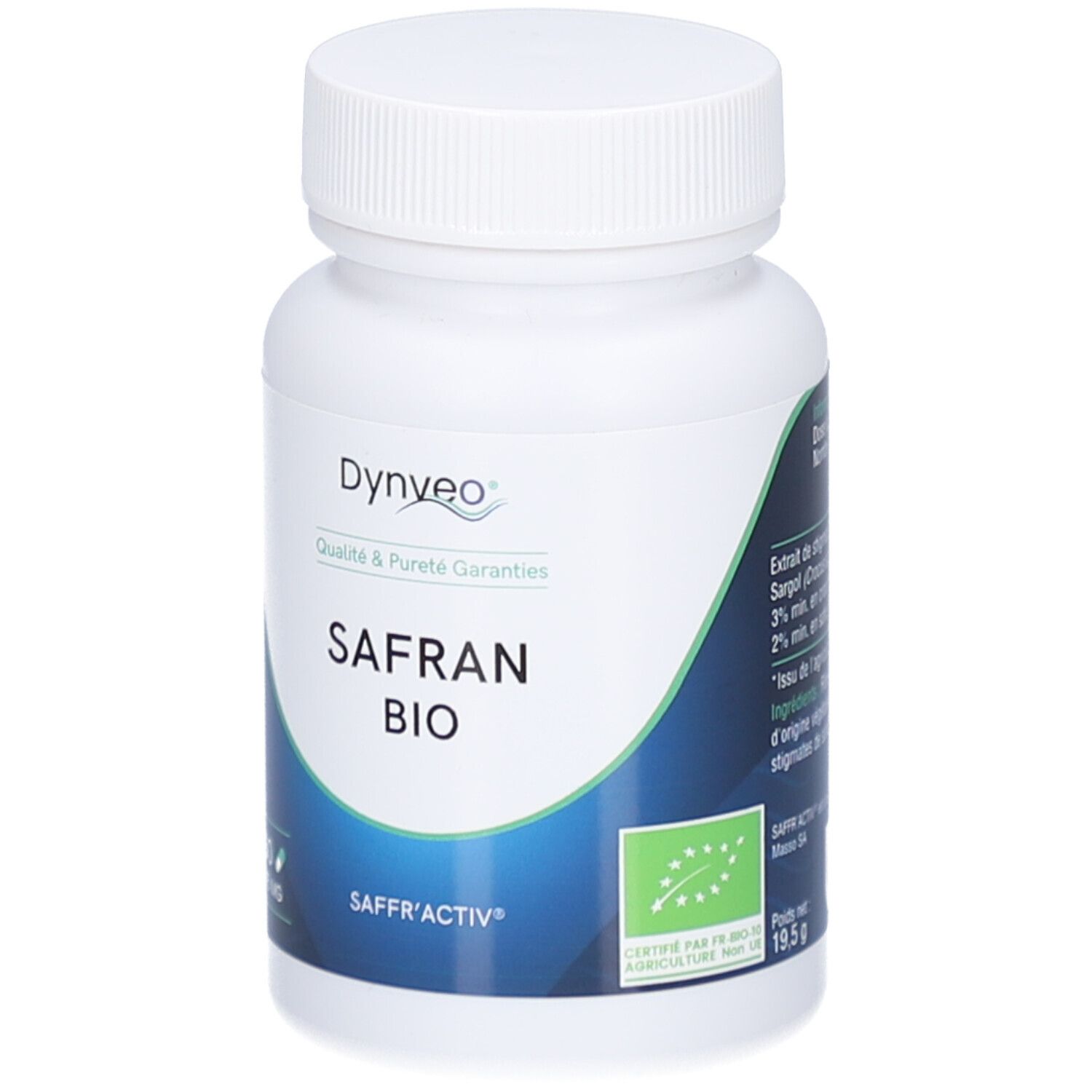 Weiße Flasche mit Kapseln. Aufschrift: Dynveo, Safran Bio, 60 Kapseln, 15 mg. Bio-Siegel.