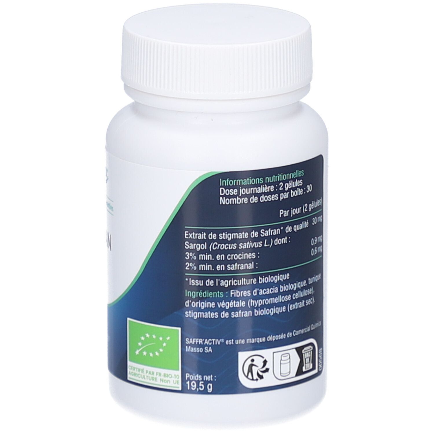 Rückseite der weißen Flasche. Aufschrift: Safran Bio, Inhaltsstoffe, Dosierung. Bio-Siegel. Nettogewicht 19,5 g.