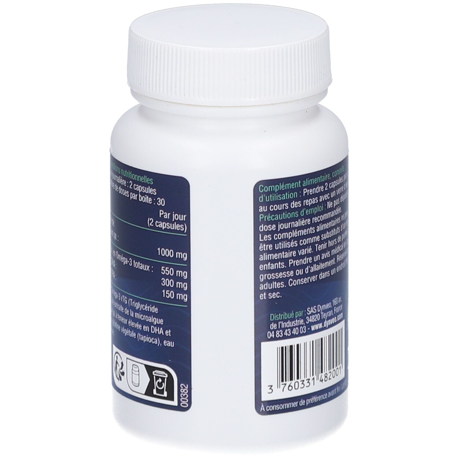 Vue arrière du flacon blanc. Étiquette bleue avec informations nutritionnelles. 60 gélules, 500 mg.