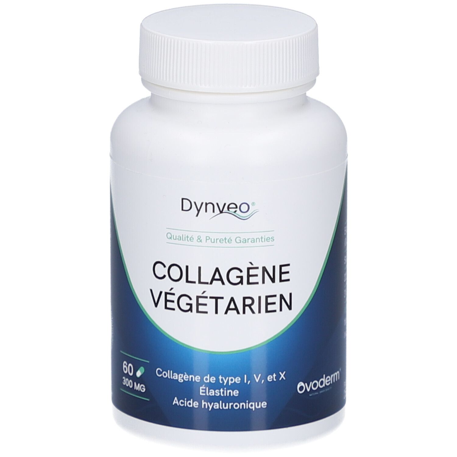 Weiße Flasche mit weißem Deckel. Aufschrift: COLLAGÈNE VÉGÉTARIEN, 60 Kapseln. Marke: Dynveo.