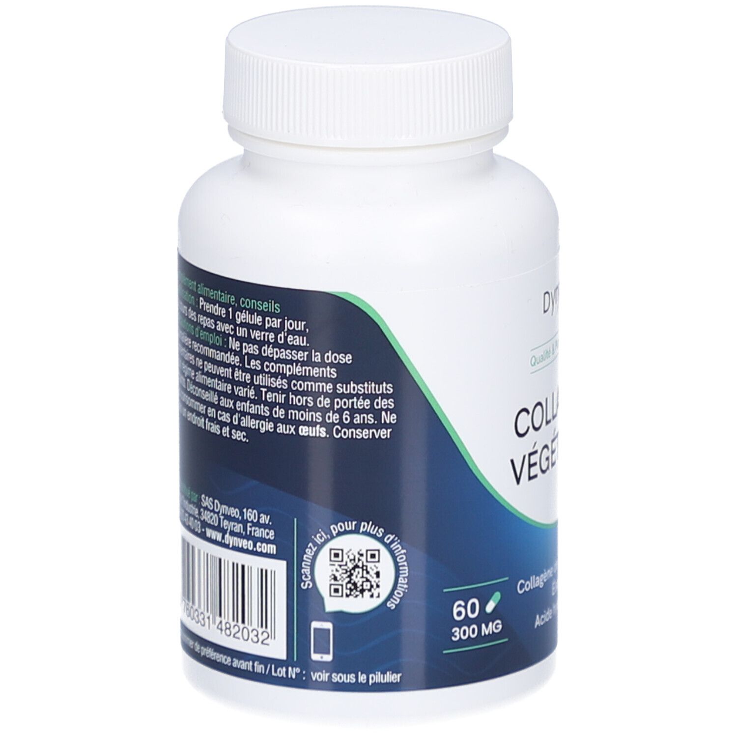 Rückseite der weißen Flasche. Text: COLLAGÈNE VÉGÉTARIEN, 60 Kapseln. QR-Code und Kontaktinformationen.