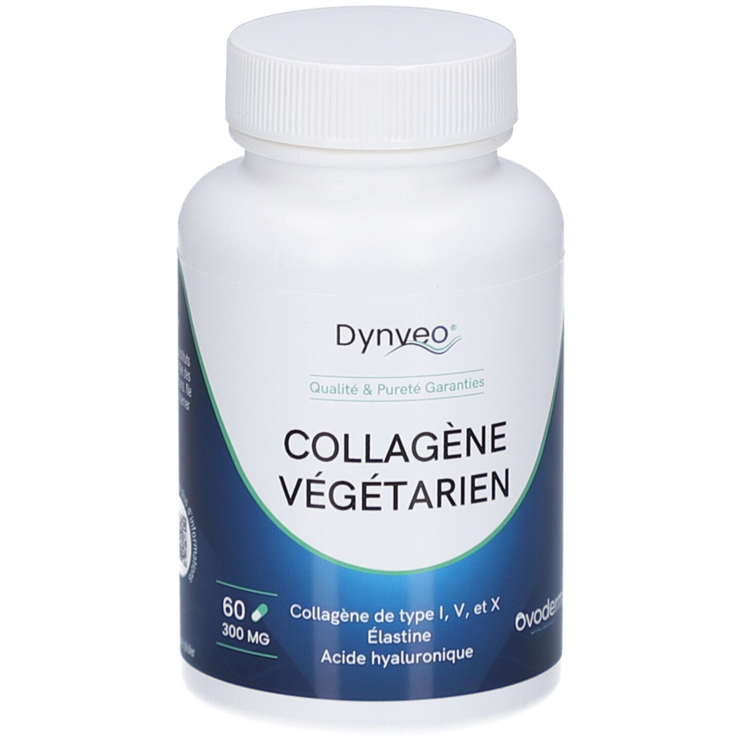 Weiße Flasche mit weißem Deckel. Aufschrift: COLLAGÈNE VÉGÉTARIEN, 60 Kapseln. Marke: Dynveo.
