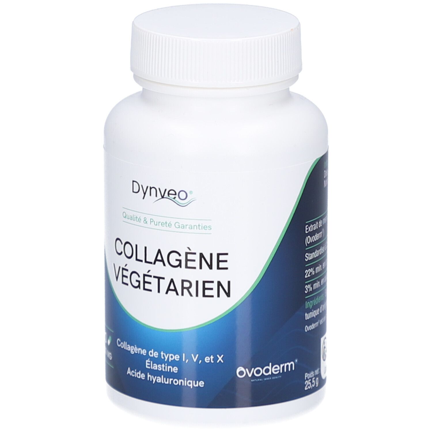 Weiße Flasche mit weißem Deckel. Aufschrift: COLLAGÈNE VÉGÉTARIEN, 60 Kapseln. Marke: Dynveo. Gewicht: 25,5 g.