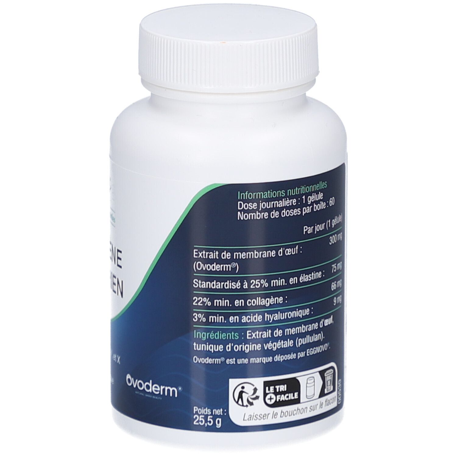 Rückseite der weißen Flasche. Text: COLLAGÈNE VÉGÉTARIEN, 60 Kapseln. Nährwertangaben und Inhaltsstoffe. Gewicht: 25,5 g.