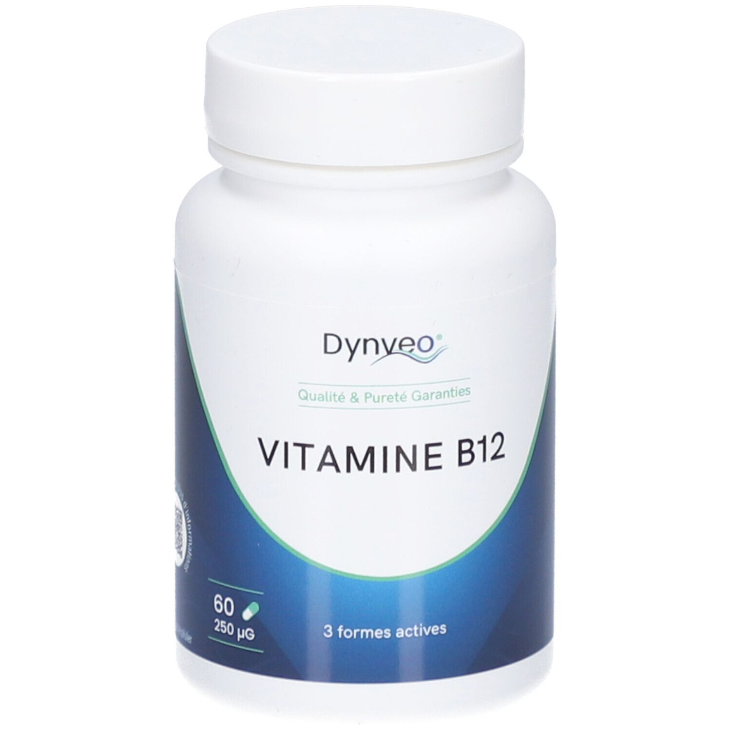 Flacon blanc DYNVEO Vitamine B12. Inscription: Vitamine B12, 60 gélules, 3 formes actives.