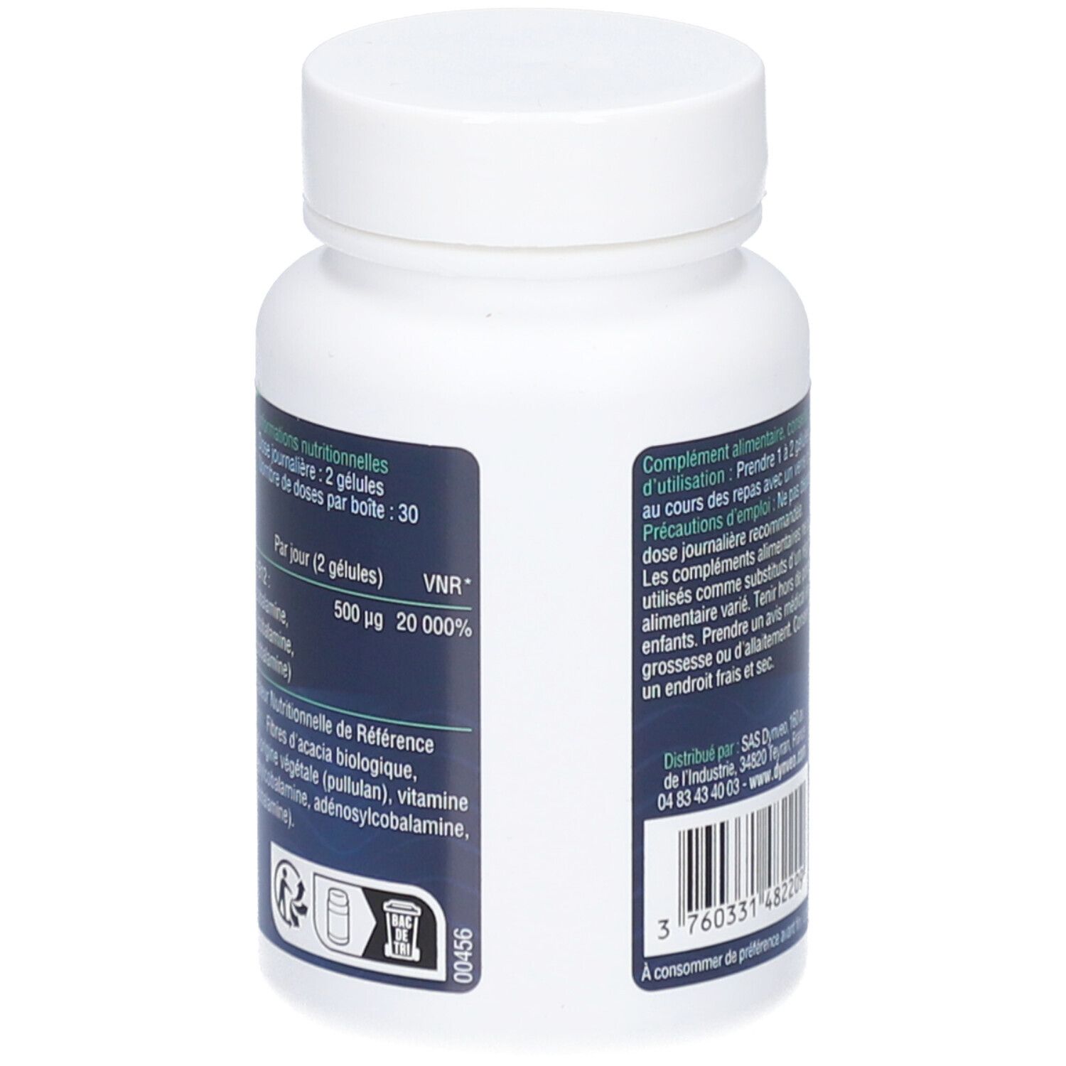 Dos du flacon blanc DYNVEO Vitamine B12. Informations nutritionnelles. 60 gélules, 250 µg.
