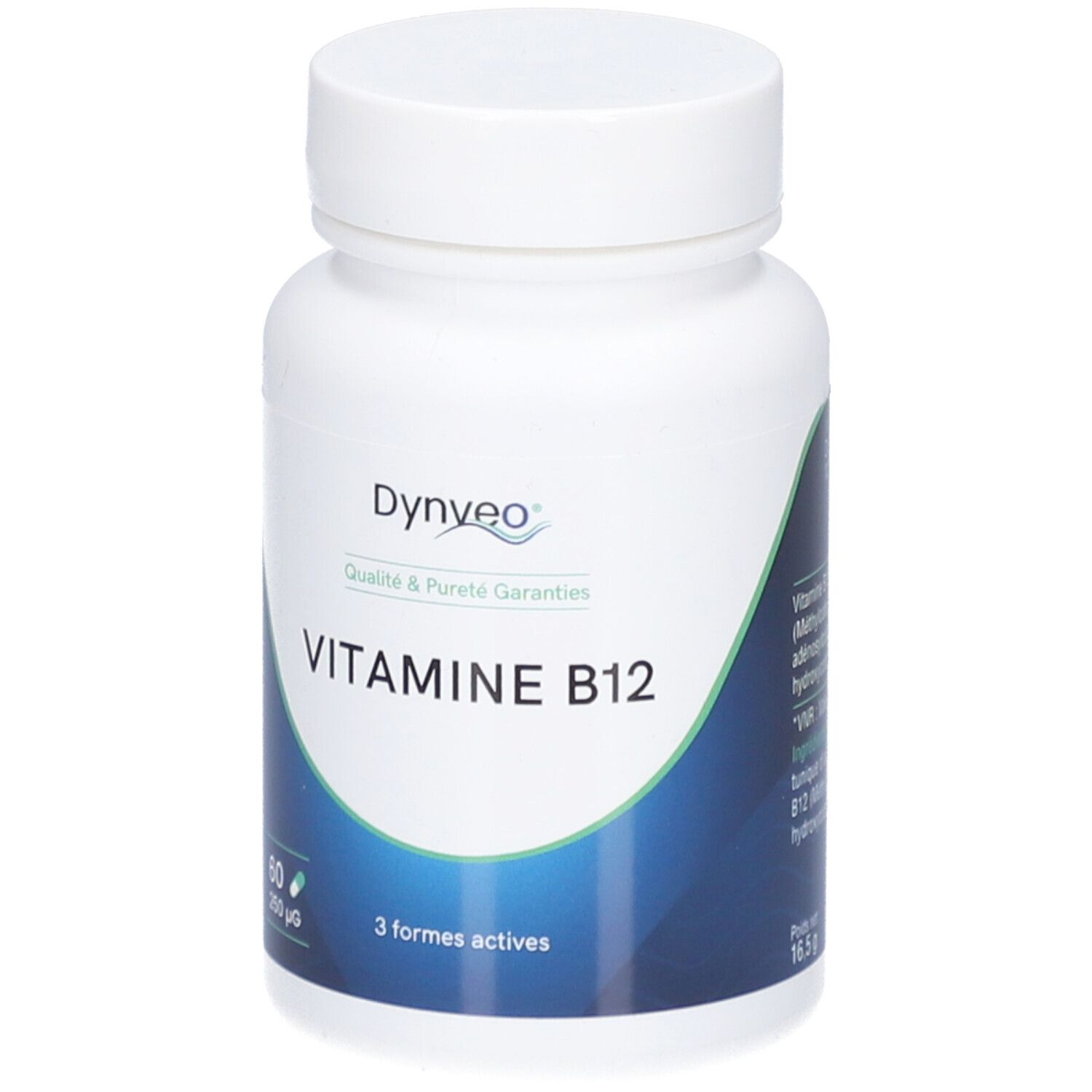 Flacon blanc DYNVEO Vitamine B12. Inscription: Vitamine B12, 60 gélules, 3 formes actives.