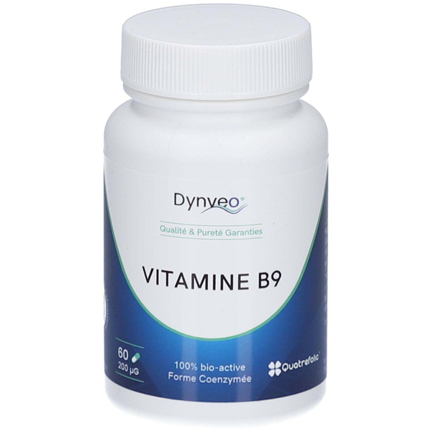 Flacon blanc avec bouchon à vis. Inscription: DYNVEO Vitamine B9. 60 gélules, 200 µg. Logo Quatrefolic.