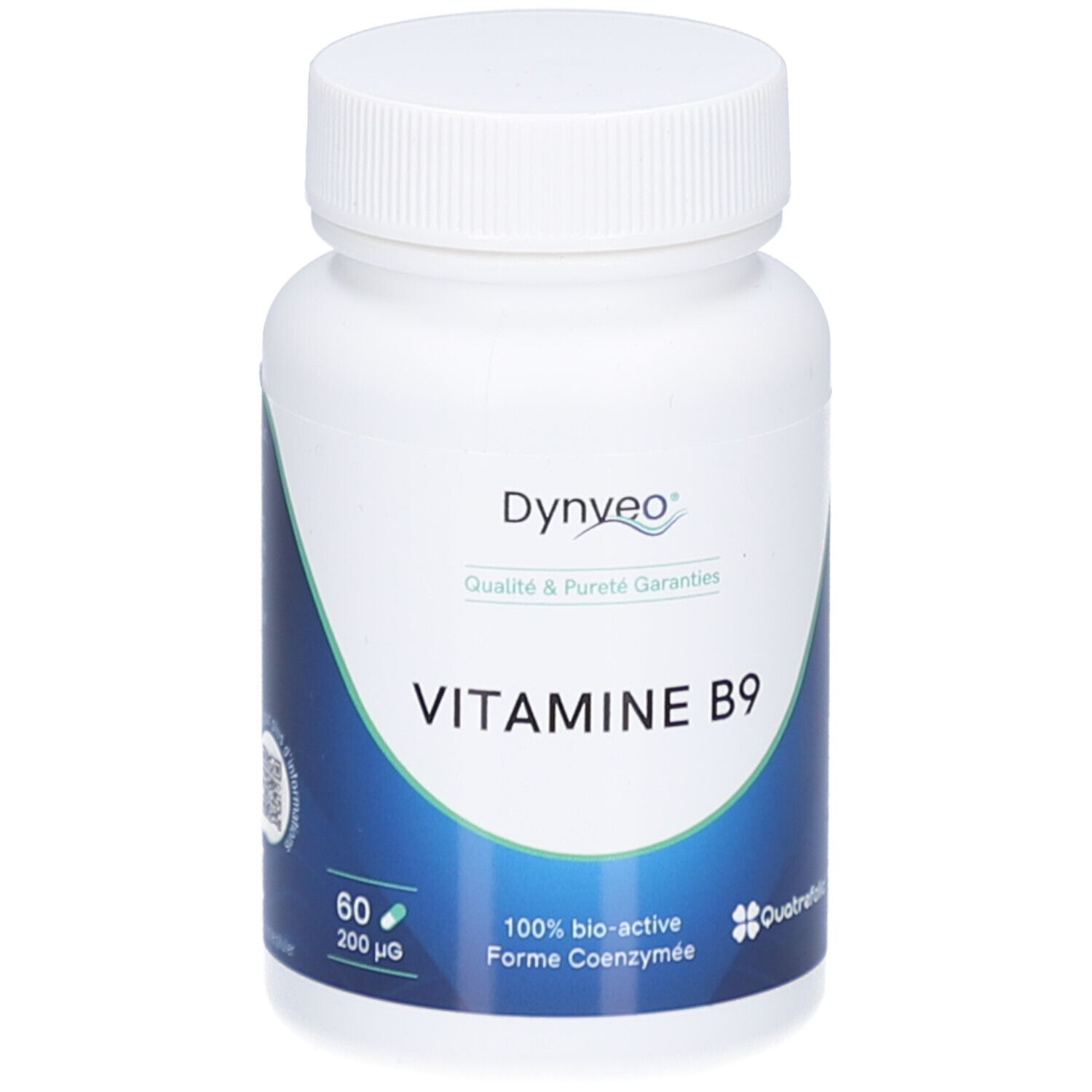 Flacon blanc avec bouchon à vis. Inscription: DYNVEO Vitamine B9. 60 gélules, 200 µg. Logo Quatrefolic.
