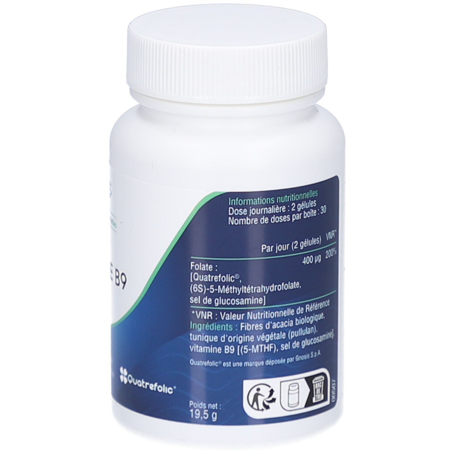 Dos de la bouteille blanche. Texte: informations nutritionnelles, ingrédients, avertissements. Logo Quatrefolic. 19,5 g.