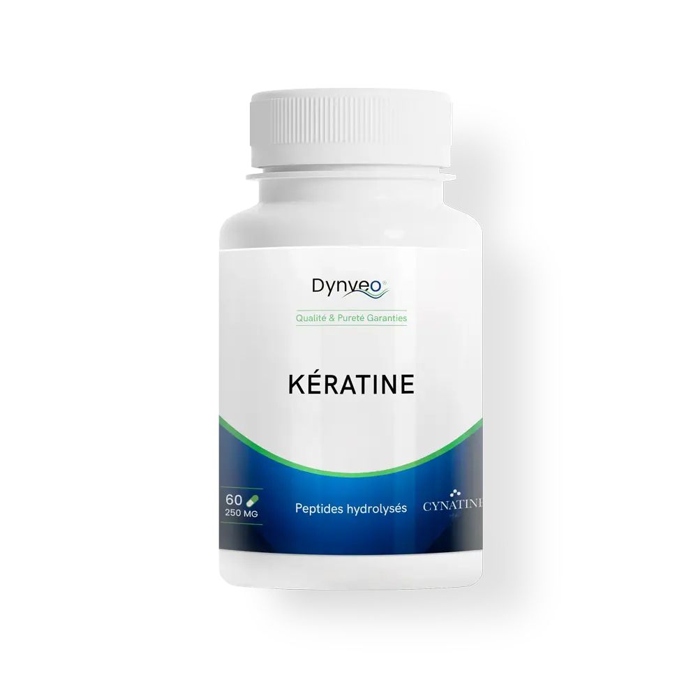 Weiße Flasche mit Kératine-Kapseln, 60 Kapseln, 250 mg pro Kapsel.
