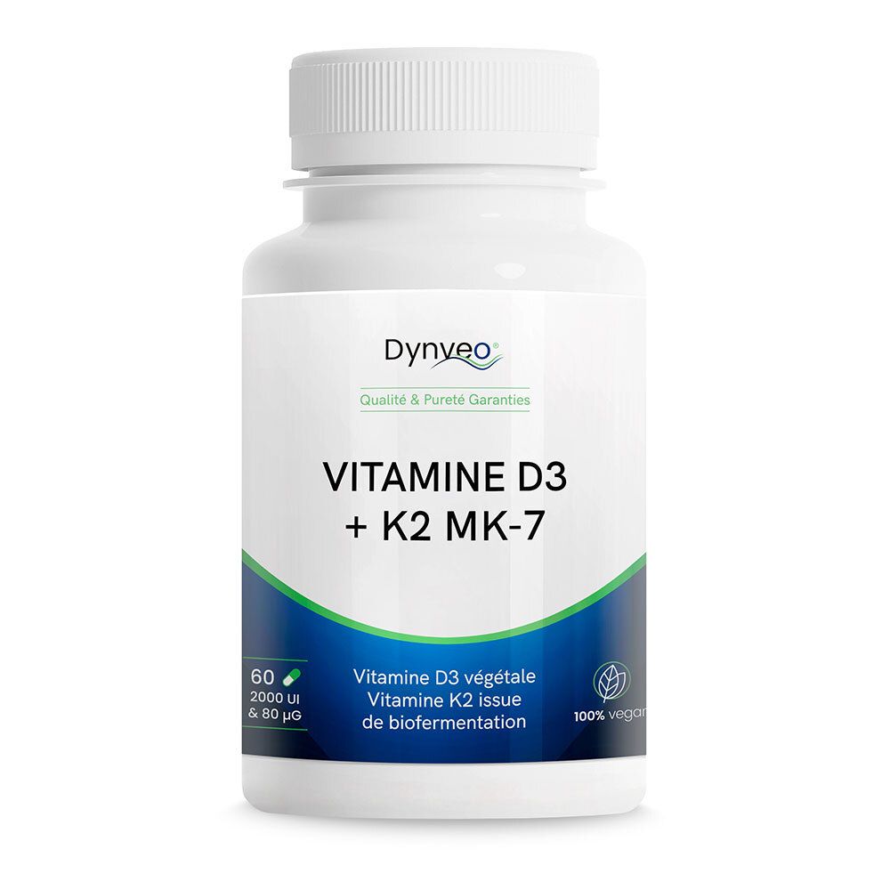 Weiße Flasche mit Kapseln. Aufschrift: DYNVEO Vitamine D3 + K2 MK-7. 60 Kapseln, 2000 UI & 80 µg.