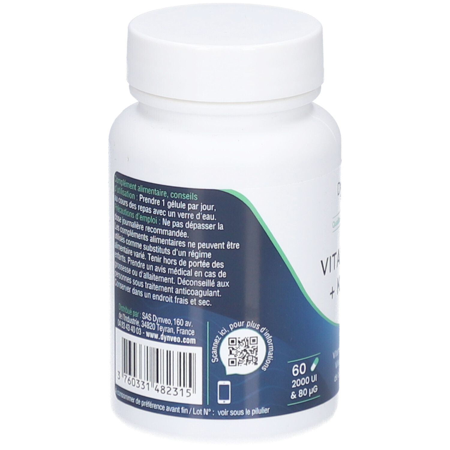 Rückseite der weißen Flasche DYNVEO Vitamine D3 + K2 MK-7. Enthält Informationen und QR-Code. 60 Kapseln, 2000 UI & 80 µg.