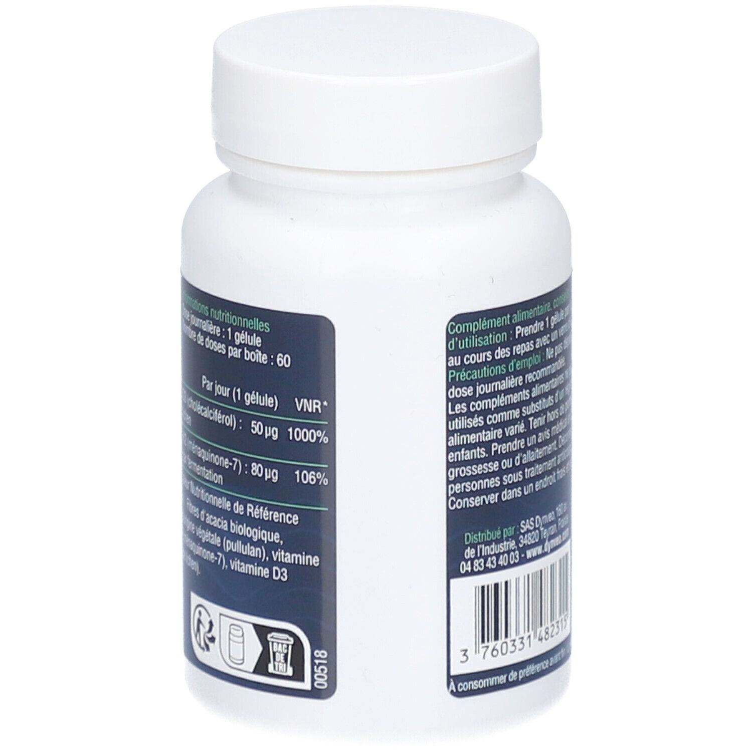 Weiße Flasche DYNVEO Vitamine D3 + K2 MK-7. Nährwertangaben: 1 Kapsel, 50µg Vitamin D3, 80µg Vitamin K2. 60 Kapseln.