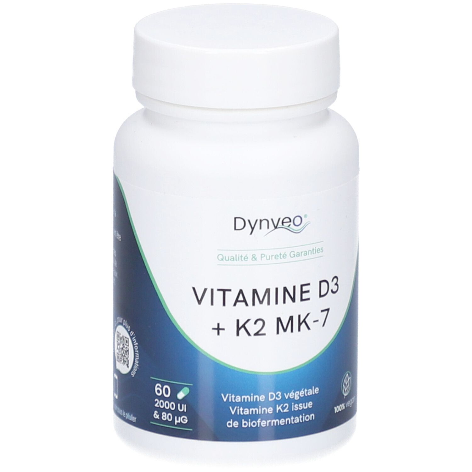 Weiße Flasche DYNVEO Vitamine D3 + K2 MK-7. 60 Kapseln, 2000 UI & 80 µg. 100% vegan.