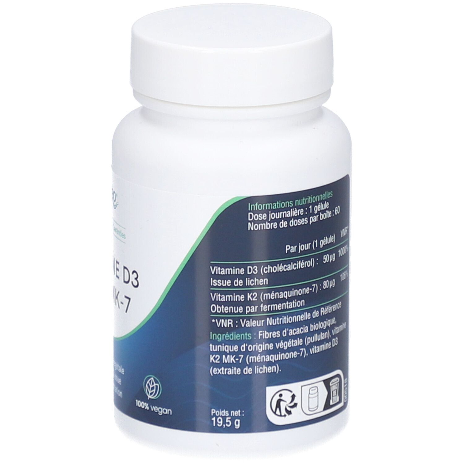Weiße Flasche DYNVEO Vitamine D3 + K2 MK-7. Nährwertangaben, Inhaltsstoffe, 100% vegan. Gewicht: 19,5 g.