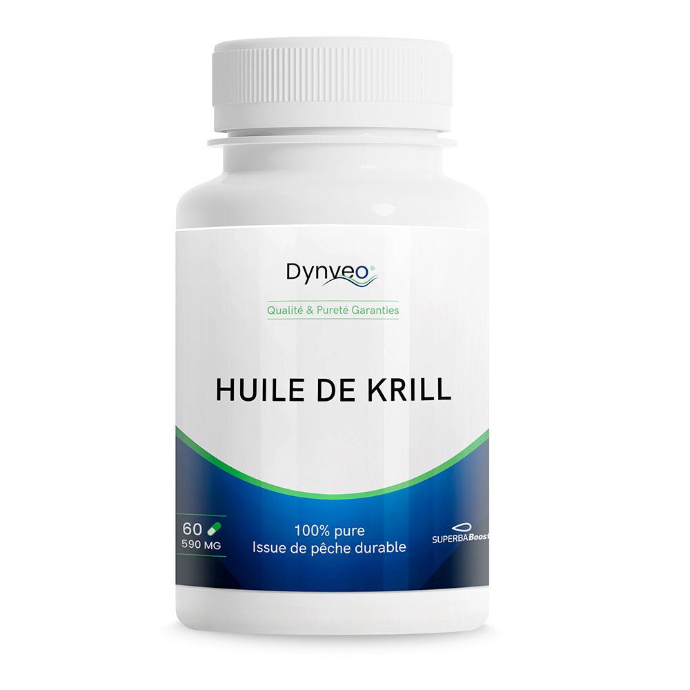 Weiße Flasche mit Kapseln. Aufschrift: Huile de Krill. 60 Kapseln, 590 mg. Dynveo-Logo.