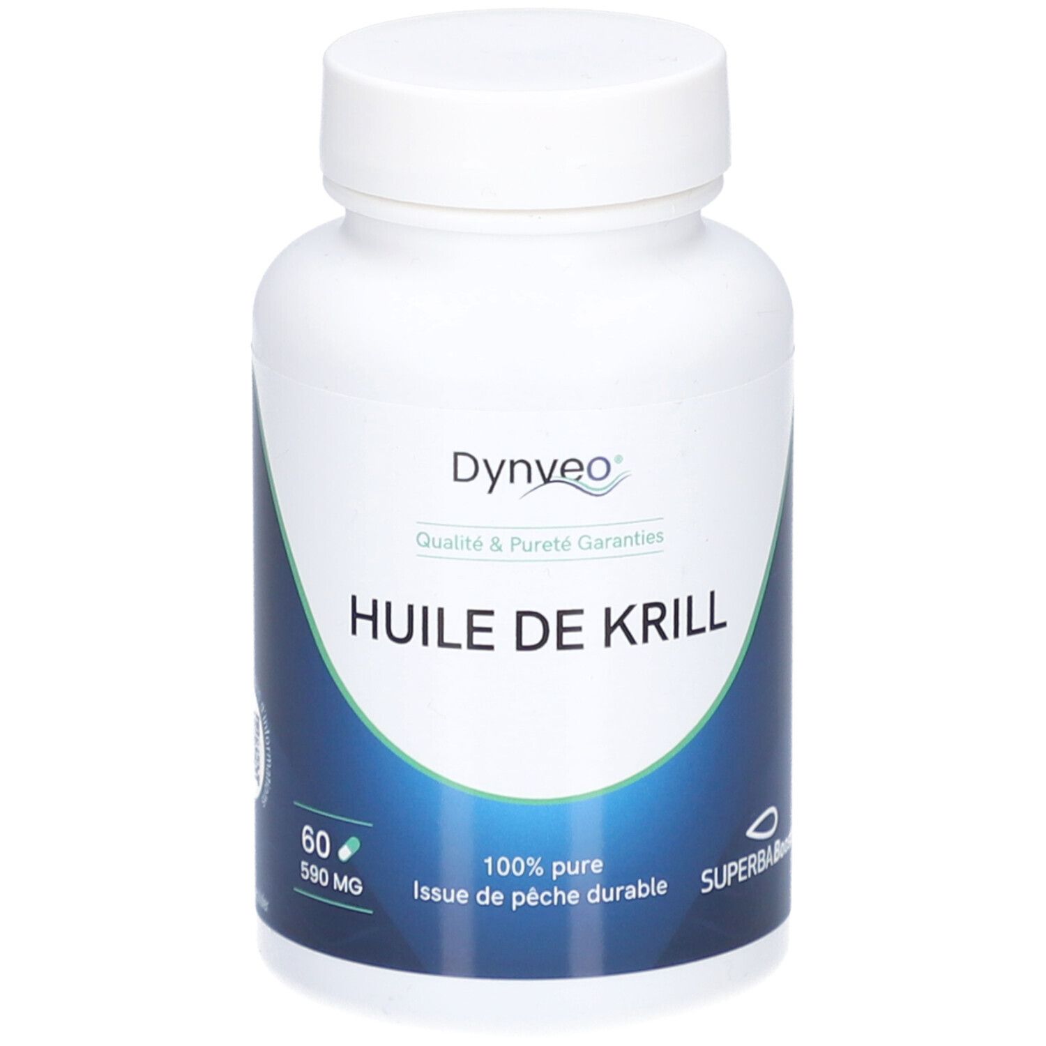 Weiße Flasche mit Kapseln. Aufschrift: Huile de Krill. 60 Kapseln, 590 mg. Dynveo-Logo.