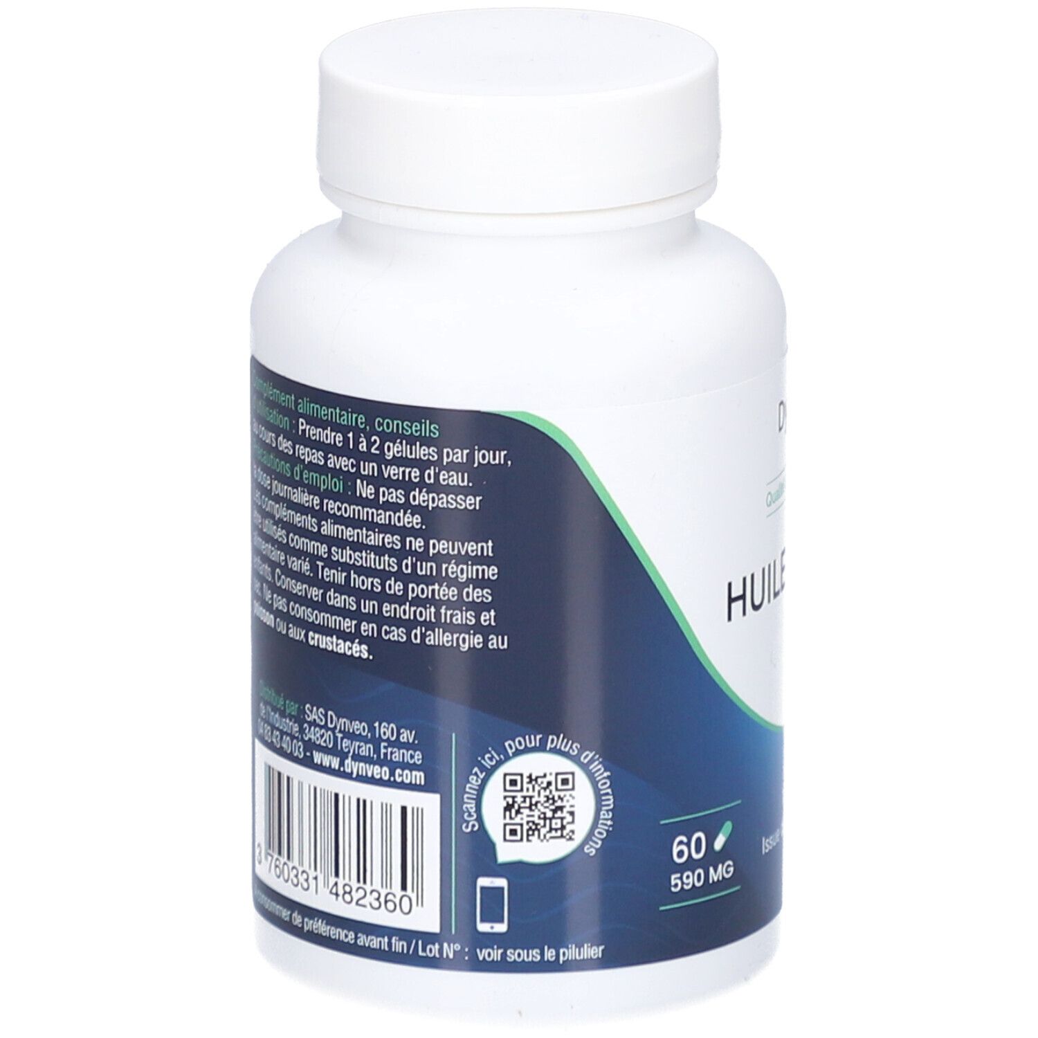 Rückseite der Flasche mit Kapseln. Text: Gebrauchsanweisung, Nährwertangaben. QR-Code. 60 Kapseln, 590 mg.