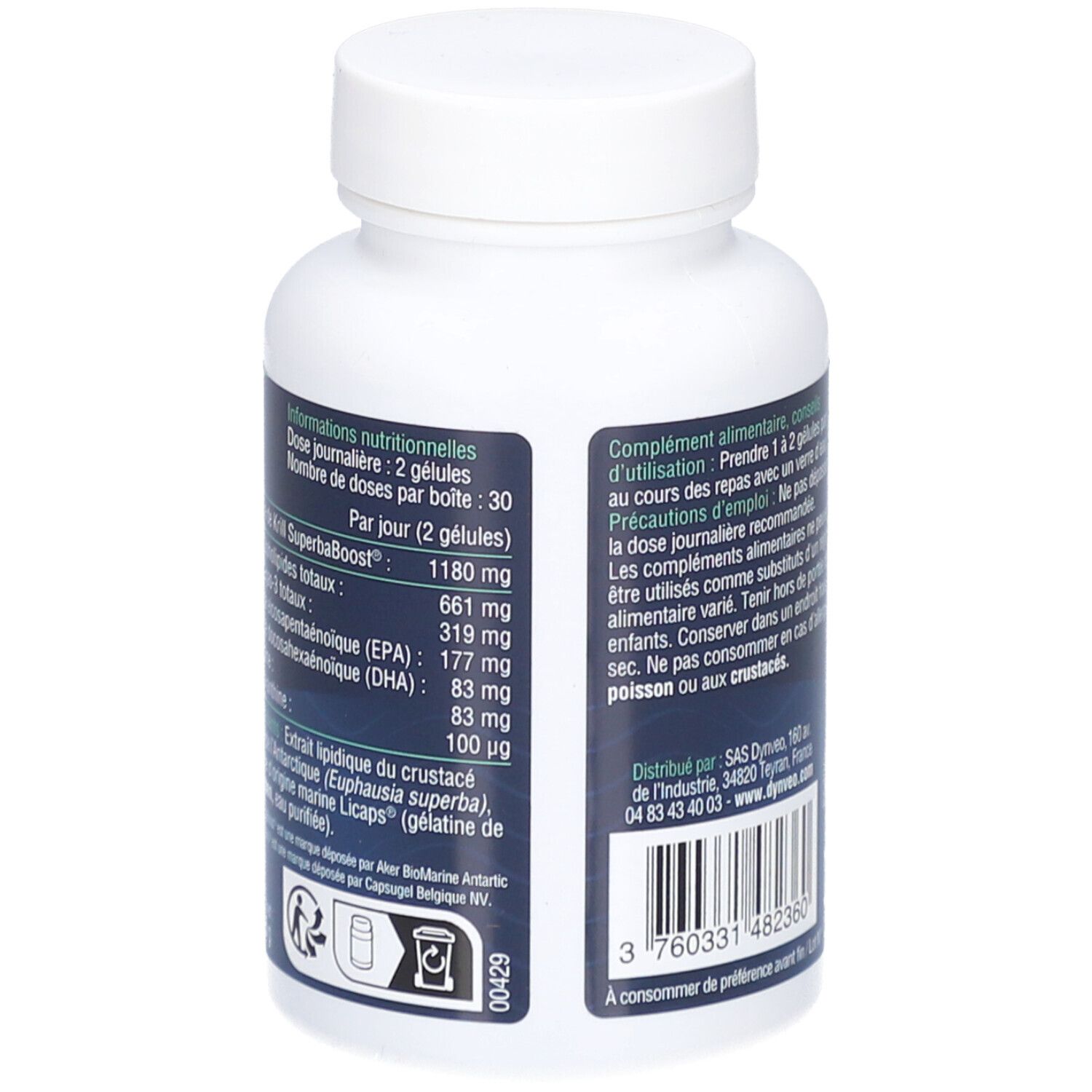 Rückseite der Flasche mit Kapseln. Nährwertangaben, Inhaltsstoffe. Gewicht: 42,5 g. QR-Code.
