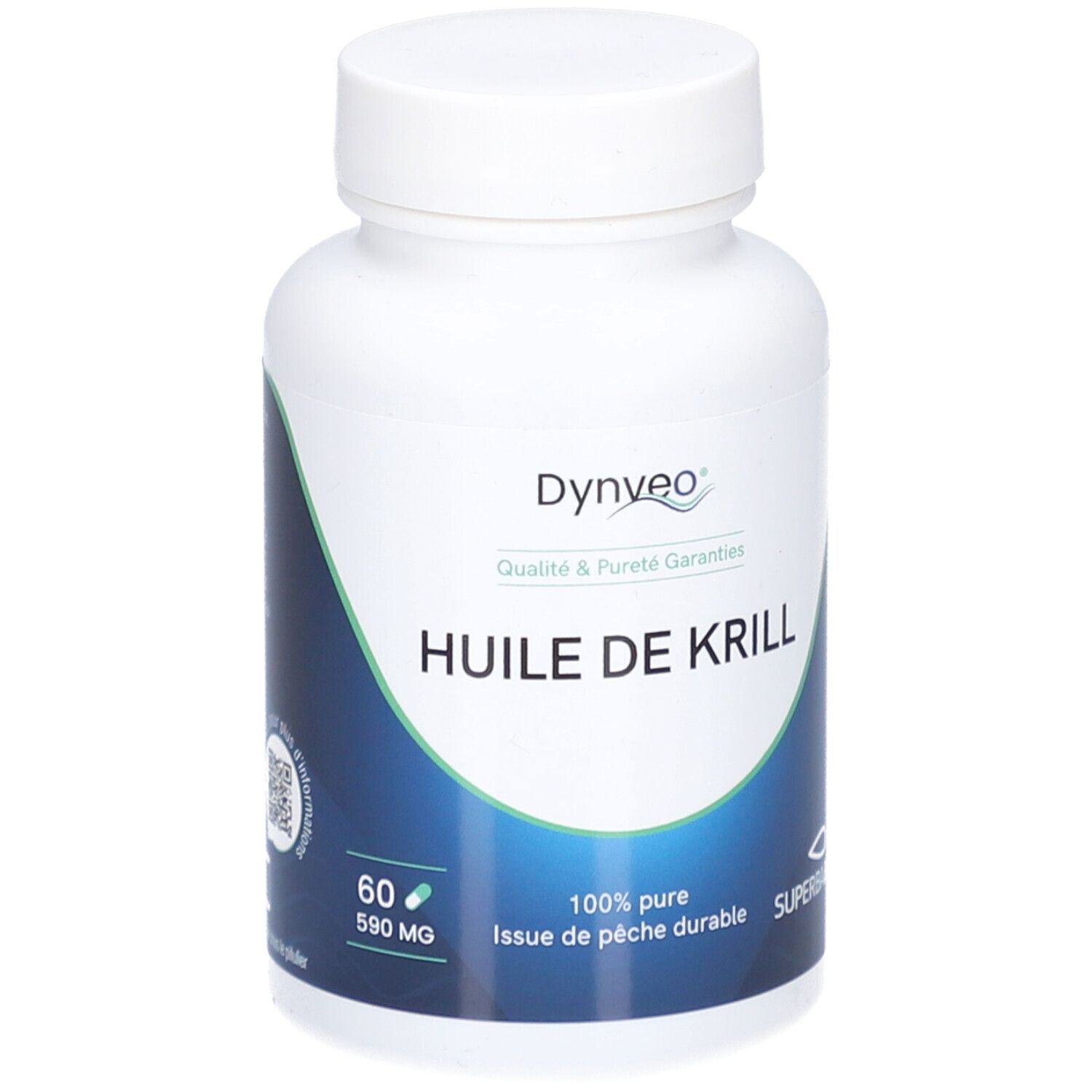 Weiße Flasche mit Kapseln. Aufschrift: Huile de Krill. 60 Kapseln, 590 mg. Dynveo-Logo.