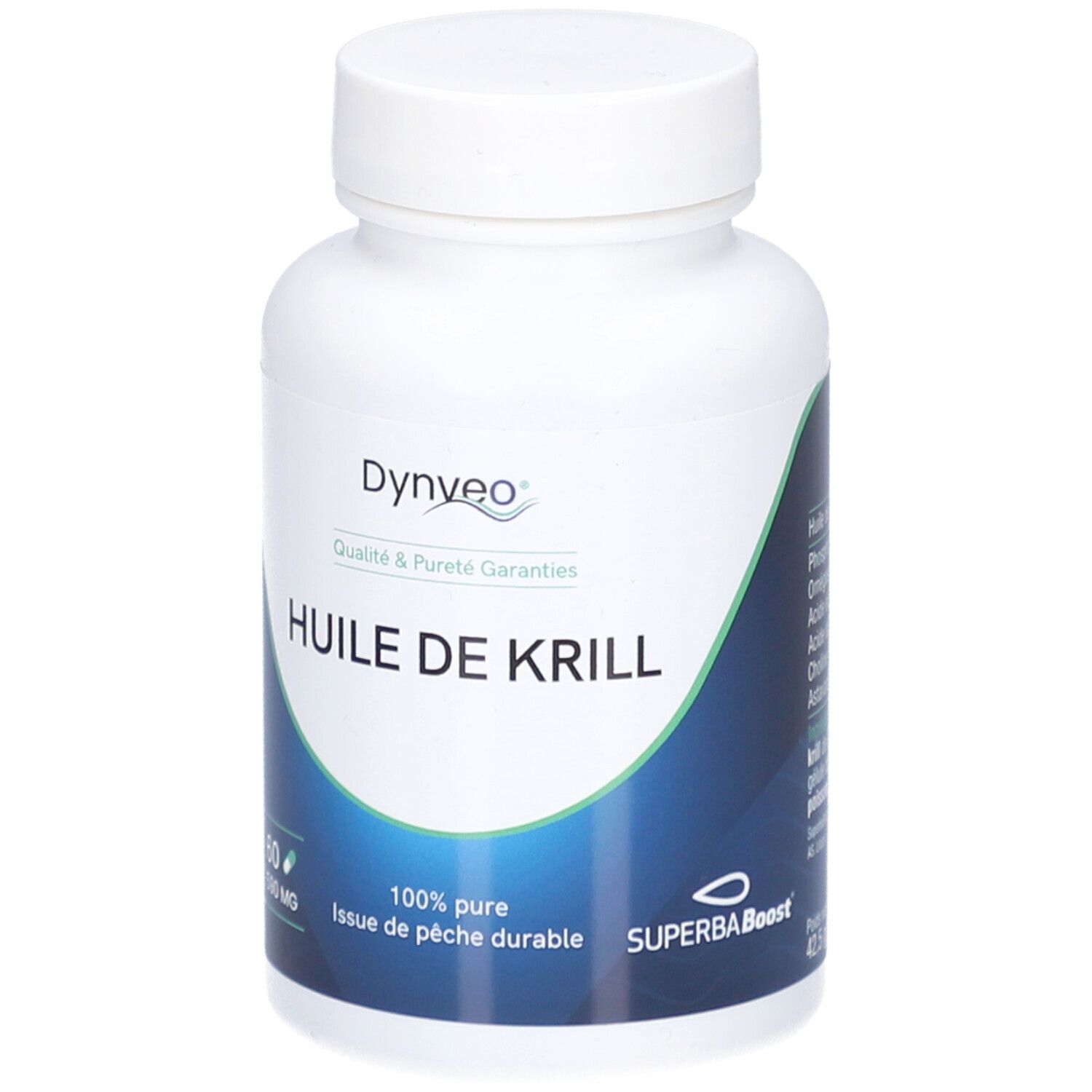 Weiße Flasche mit Kapseln. Aufschrift: Huile de Krill. 60 Kapseln, 590 mg. Dynveo-Logo.
