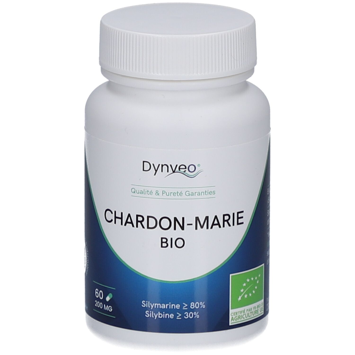 Flacon blanc de gélules. Inscription: CHARDON-MARIE BIO. Logo: Dynveo. Label bio UE. 60 gélules, 200 mg.