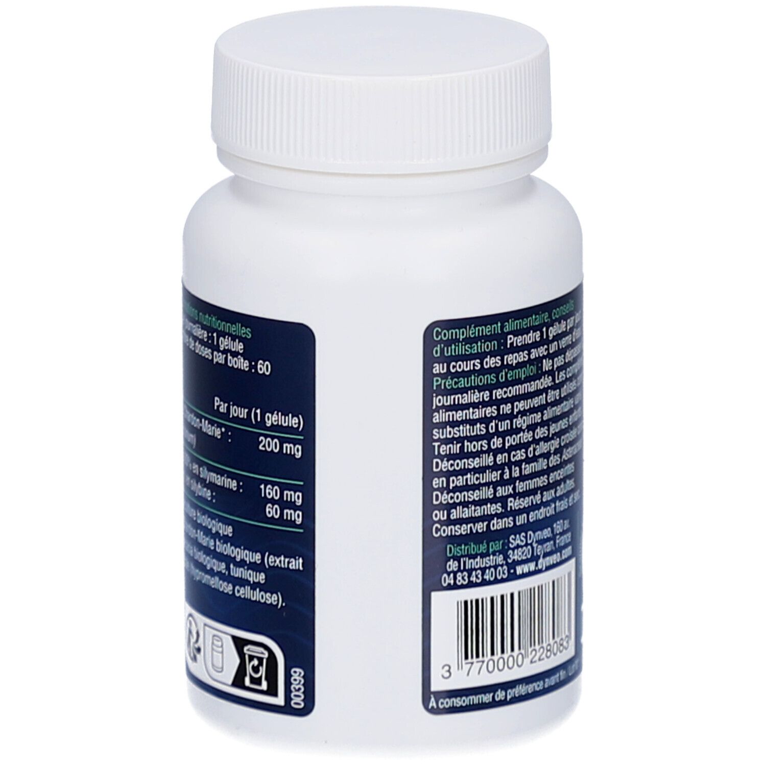 Dos du flacon blanc. Texte avec informations nutritionnelles. Inscription: CHARDON-MARIE. 60 gélules, 200 mg.