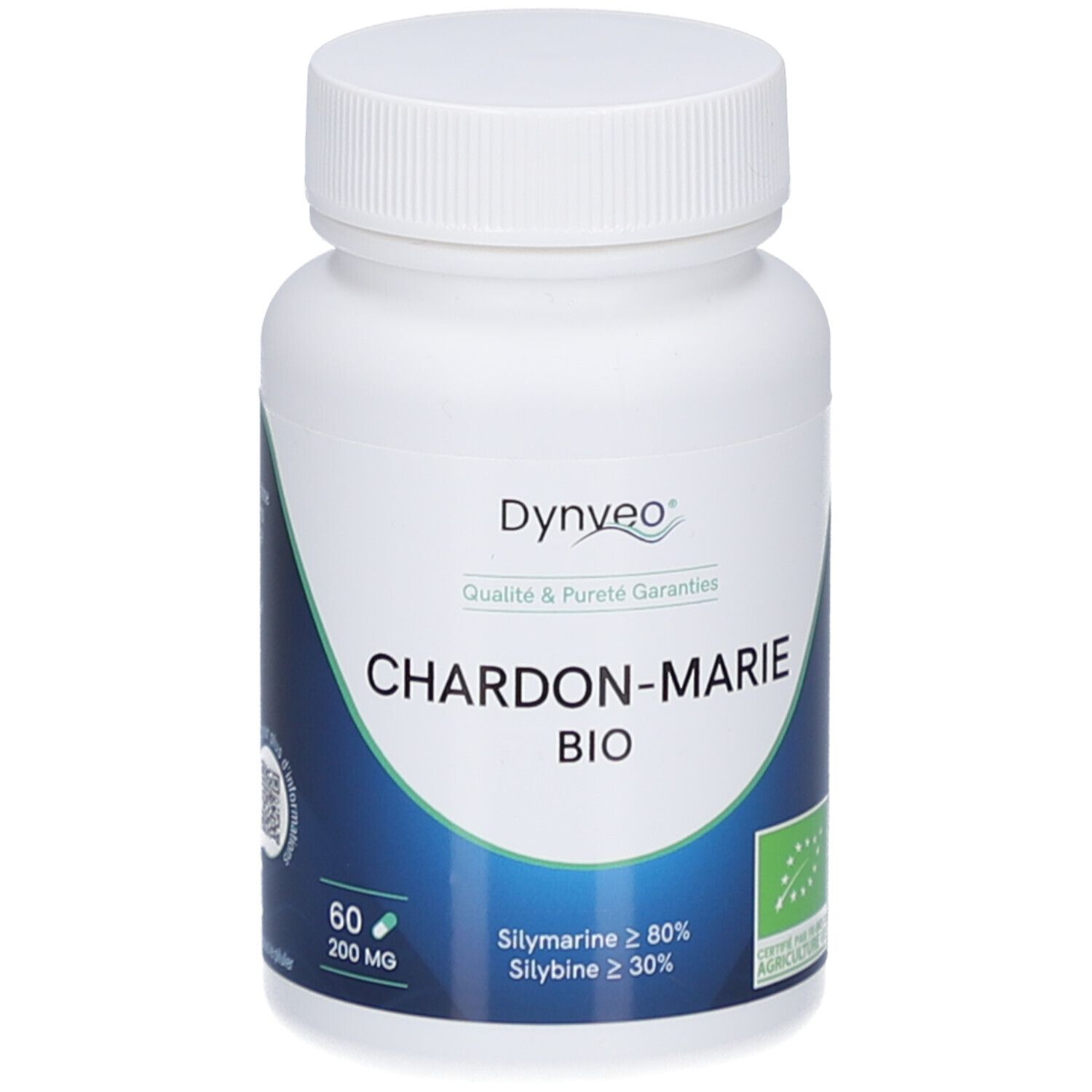 Flacon blanc de gélules. Inscription: CHARDON-MARIE BIO. Logo: Dynveo. Label bio UE. 60 gélules, 200 mg.