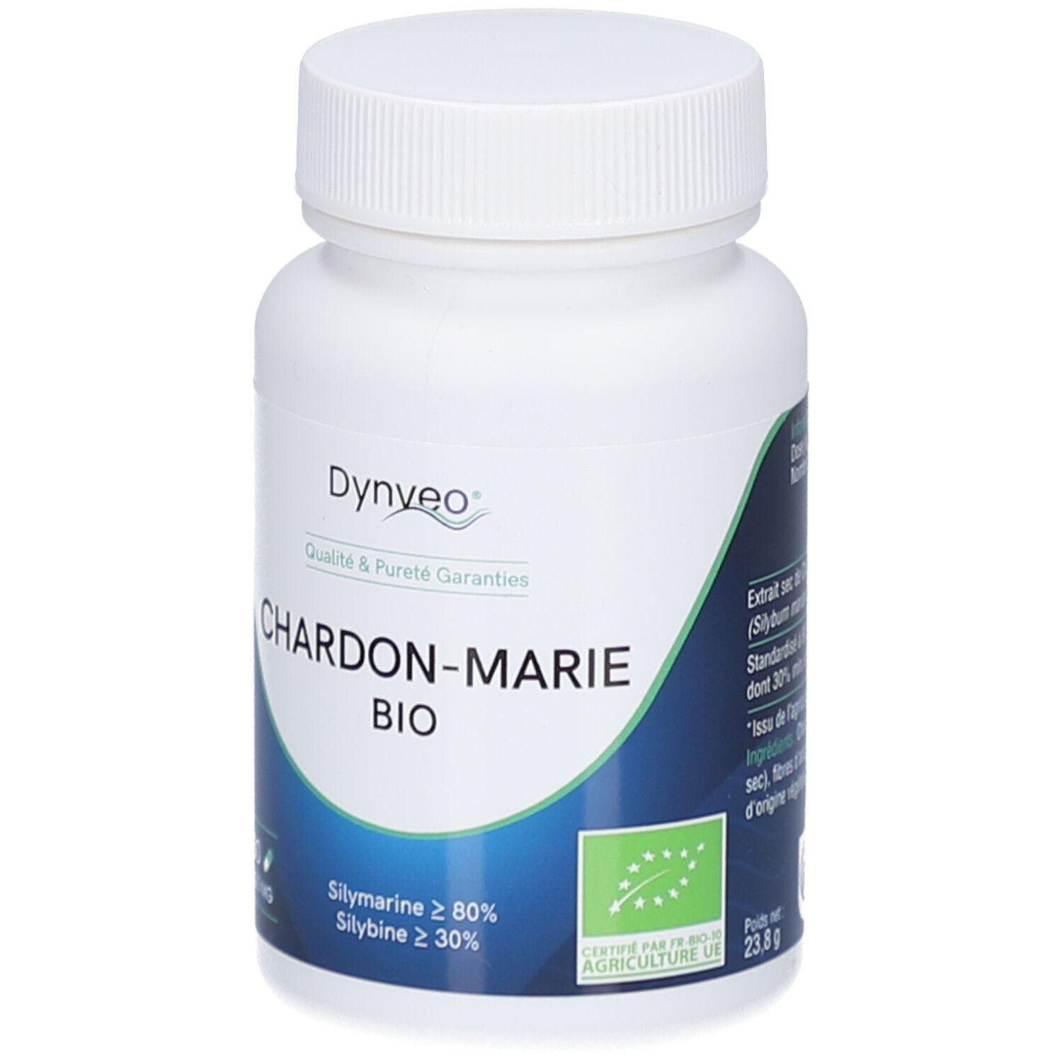 Flacon blanc de gélules. Inscription: CHARDON-MARIE BIO. Logo: Dynveo. Label bio UE. 60 gélules, 200 mg.