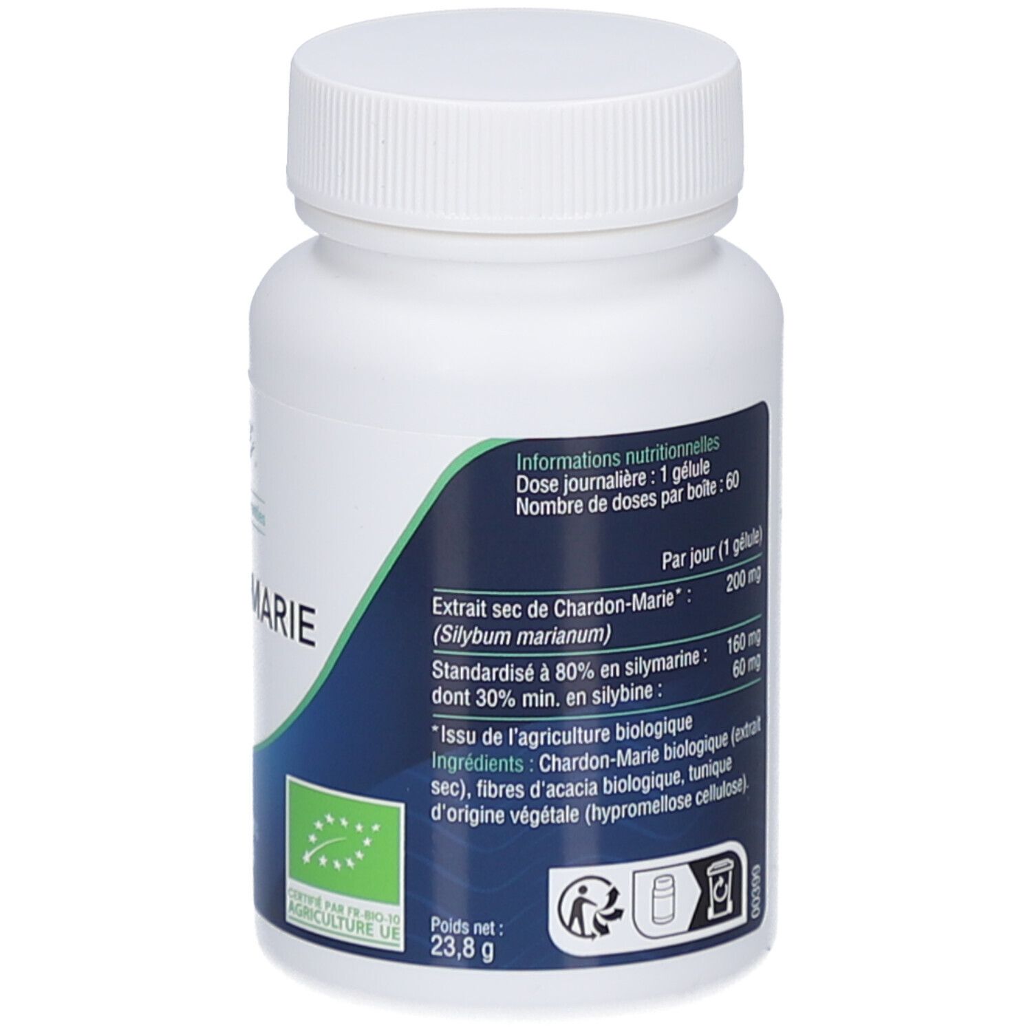 Dos du flacon blanc. Texte avec informations nutritionnelles. Inscription: CHARDON-MARIE. Label bio UE. 23,8 g.