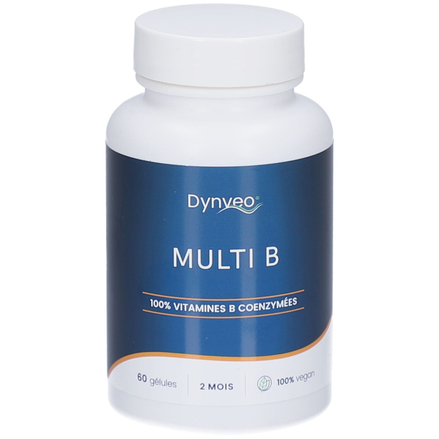 Flacon blanc avec étiquette bleue. Inscription: Dynveo, Multi B, 100% Vitamines B coenzymées. 60 gélules, 2 mois, 100% vegan.
