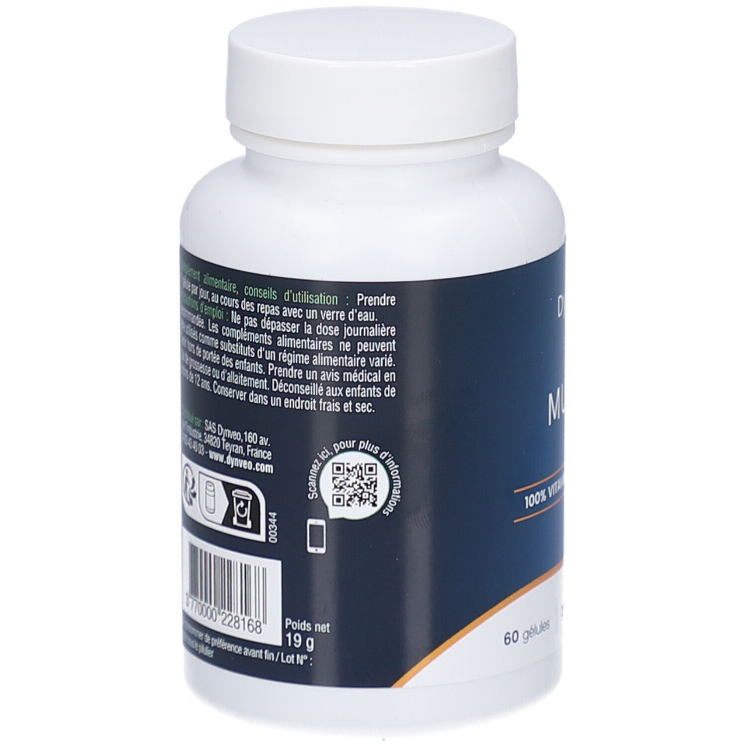 Dos du flacon blanc. Texte: ingrédients, conseils d'utilisation, code QR. Poids: 19 g. 60 gélules. Date de péremption.
