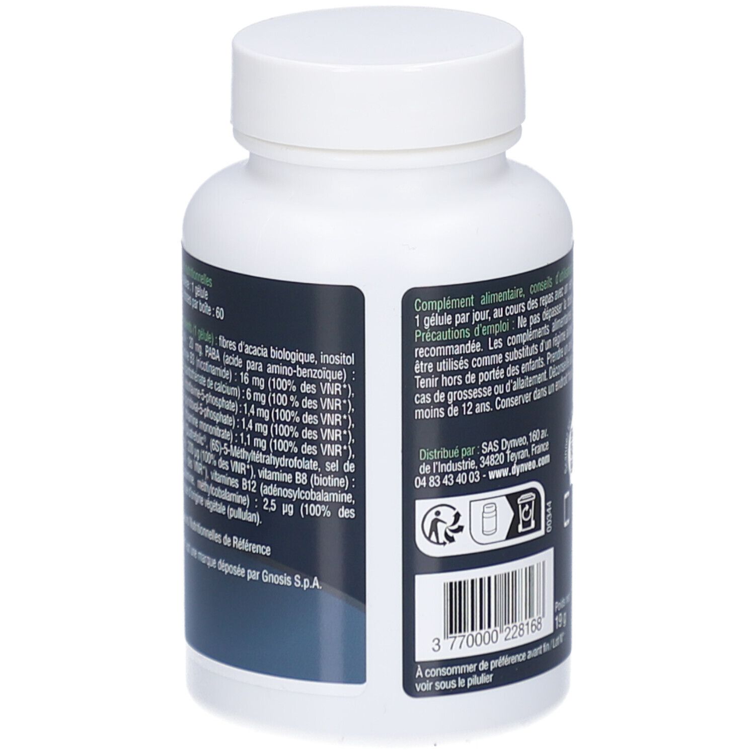 Dos du flacon blanc. Texte: informations nutritionnelles, ingrédients, code QR. 60 gélules. Fabriqué par SAS Dynveo.