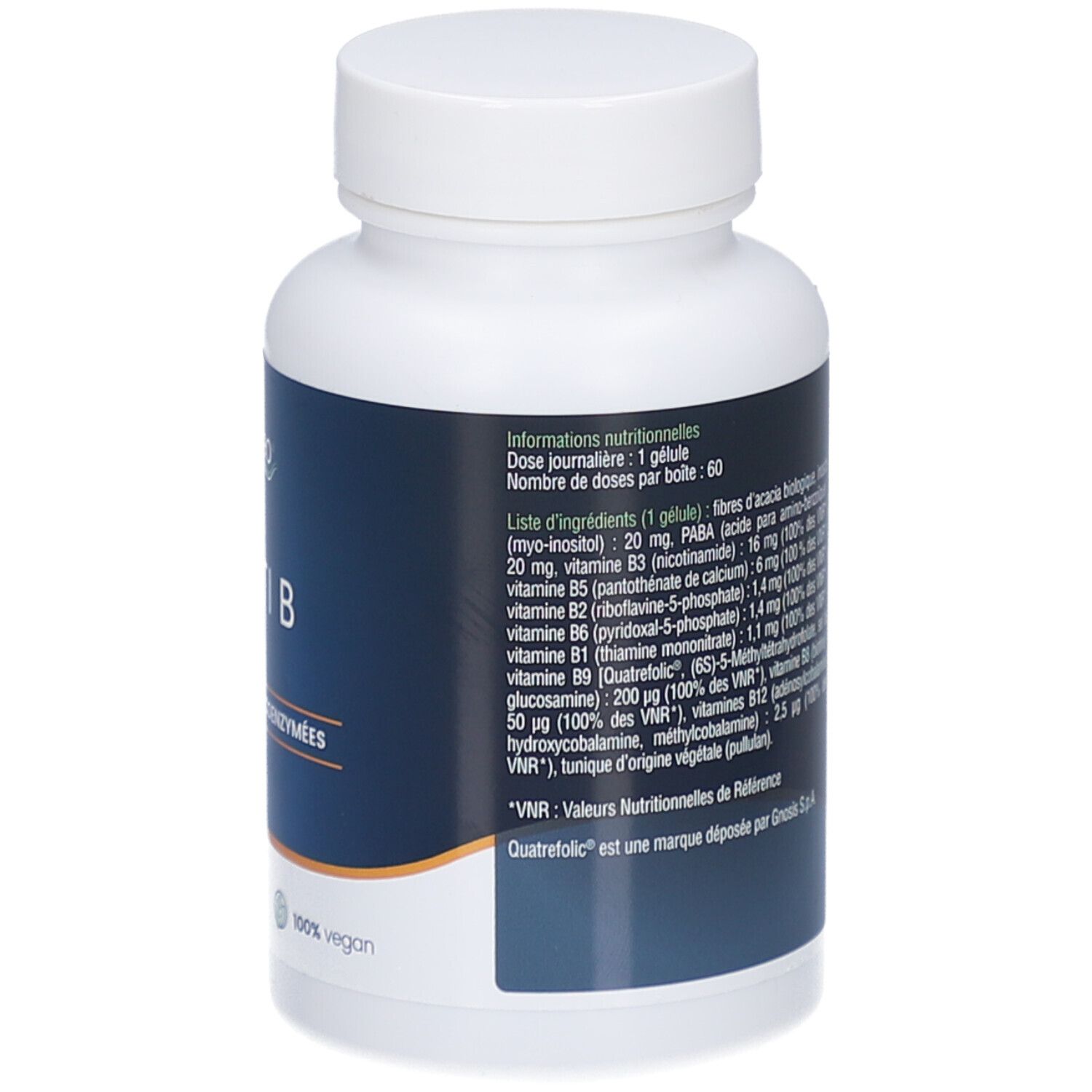 Dos du flacon blanc. Texte: informations nutritionnelles, ingrédients. 60 gélules. Fabriqué par SAS Dynveo. Marque Quatrefolic.