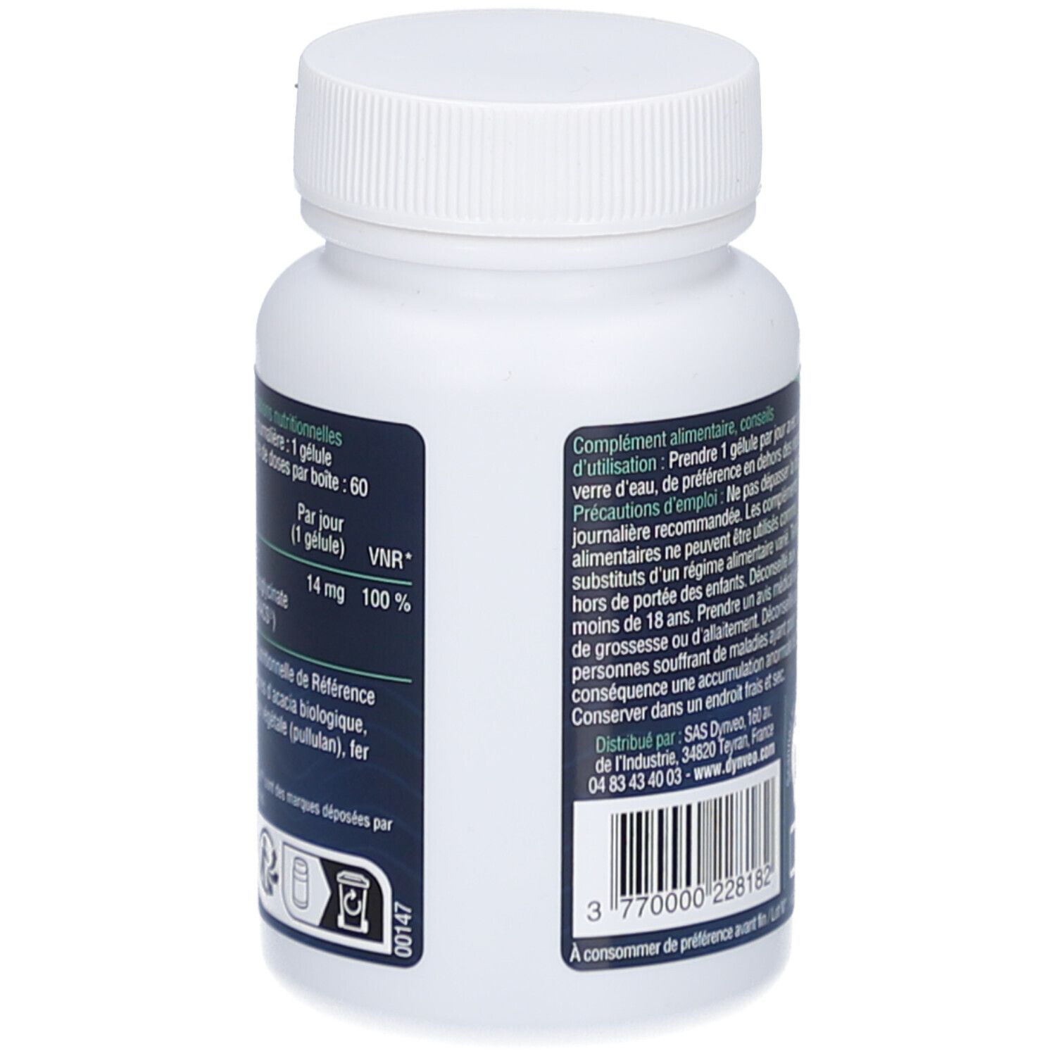 Rückseite der weißen Flasche. Text und QR-Code. Aufschrift: 60 Kapseln, 14 MG. Blaues und weißes Etikett.