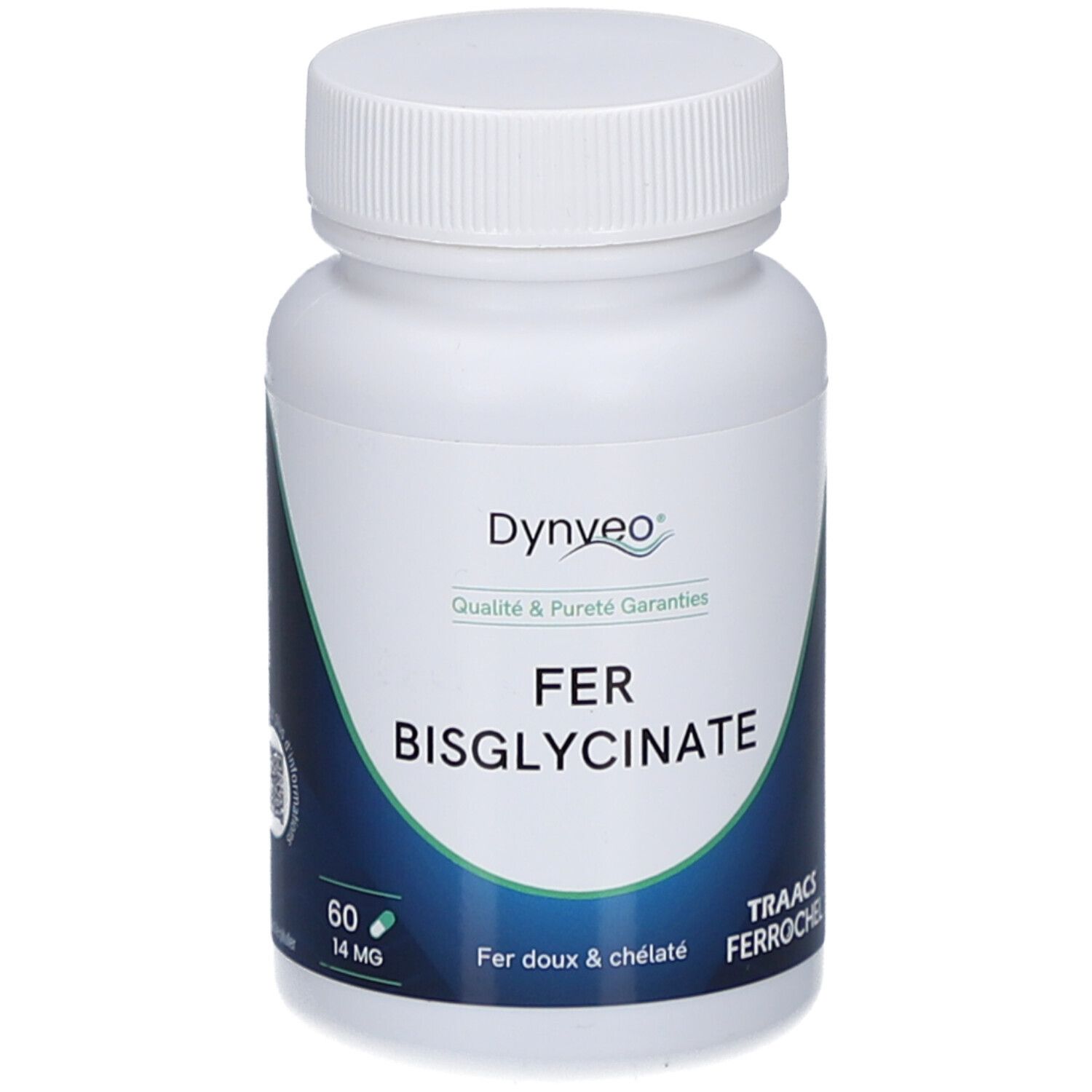 Weiße Flasche mit Kapseln. Aufschrift: Dynveo, FER BISGLYCINATE, 60 Kapseln, 14 mg. Blaues und weißes Etikett.