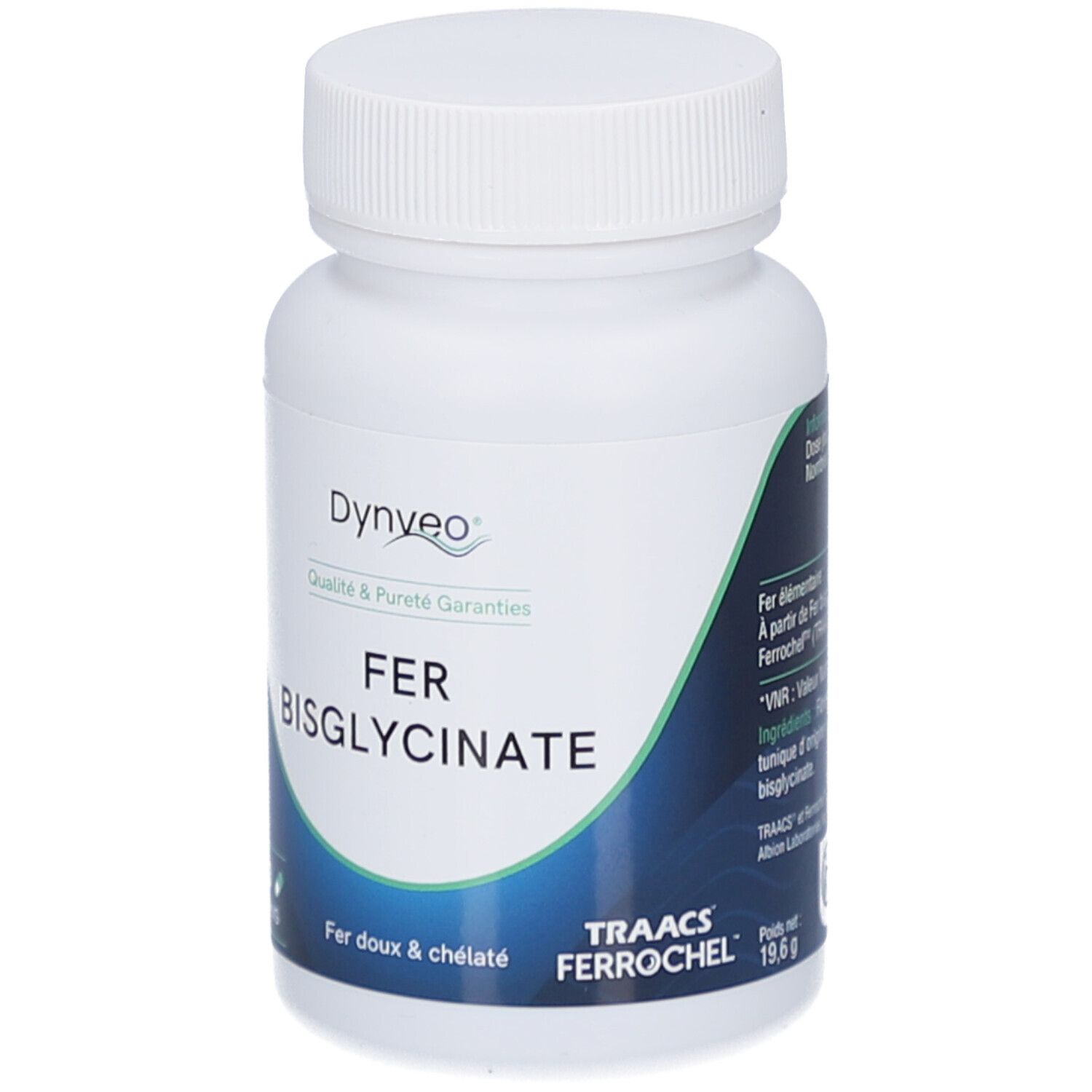 Weiße Flasche mit Kapseln. Aufschrift: Dynveo, FER BISGLYCINATE, 60 Kapseln, 14 mg. Blaues und weißes Etikett.