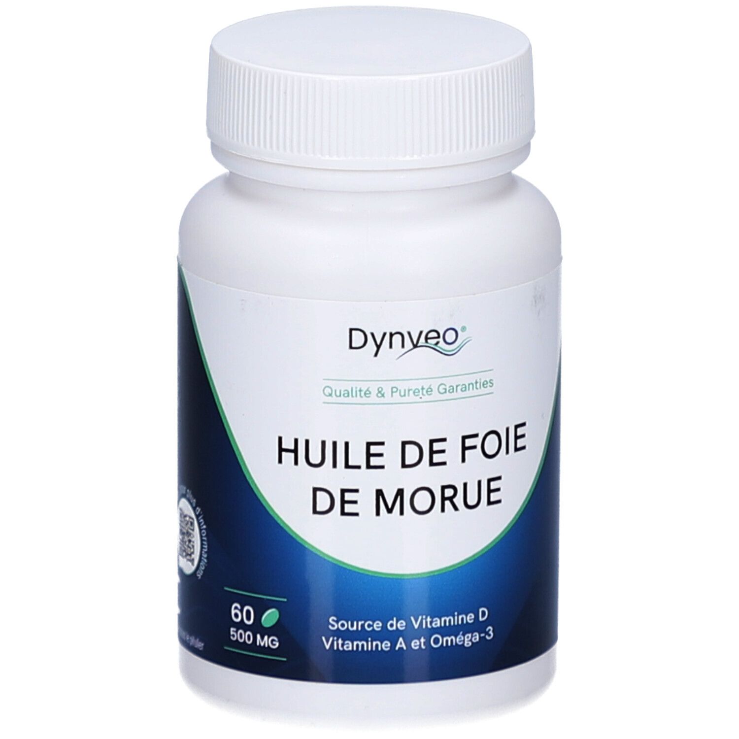 Flacon blanc de capsules. Inscription: Huile de Foie de Morue. Marque Dynveo. 60 capsules, 500 mg. Source de vitamine D, A et Oméga-3.